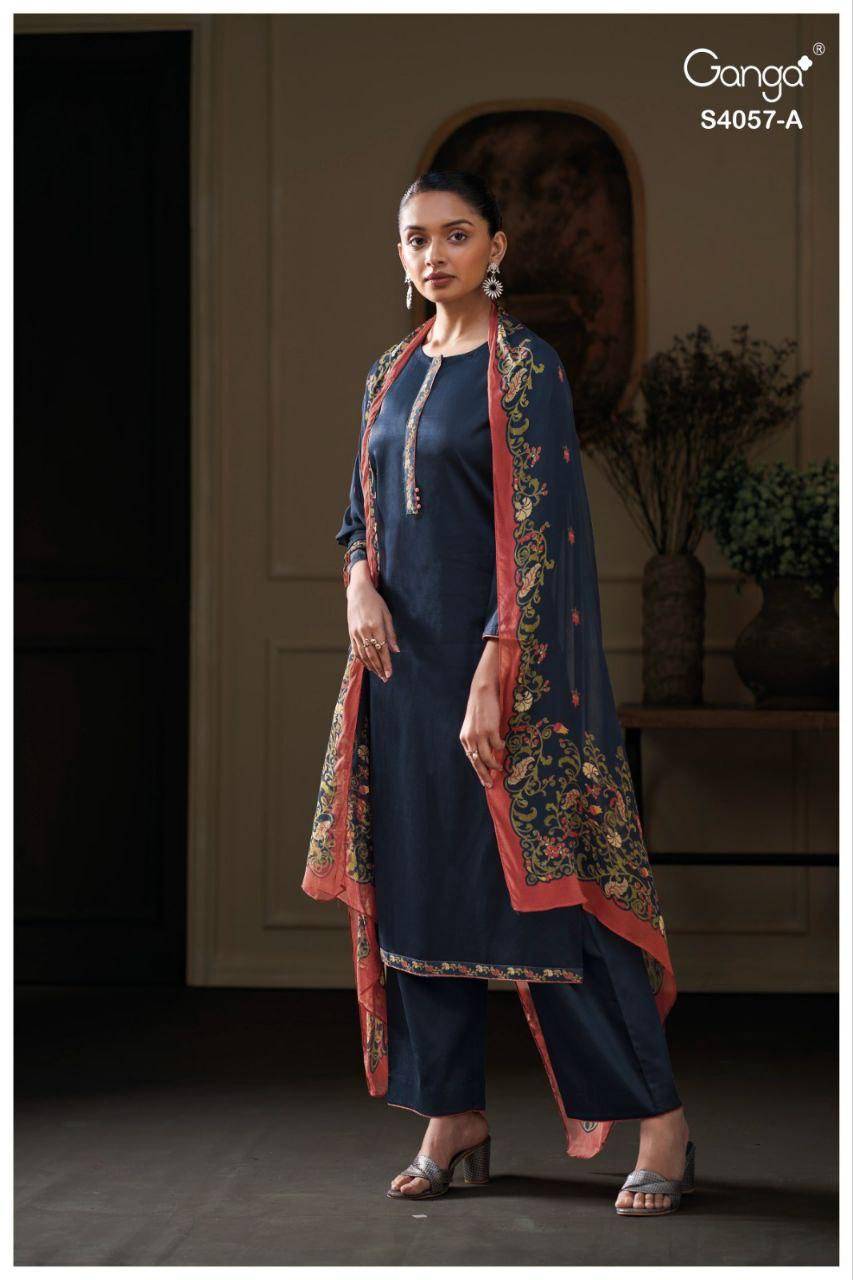 Nazriya-4057 By Ganga Fashion 4057-A To 4057-D Series Beautiful Festive Suits Stylish Colorful Fancy Casual Wear & Ethnic Wear Cotton Silk Dresses At Wholesale Price