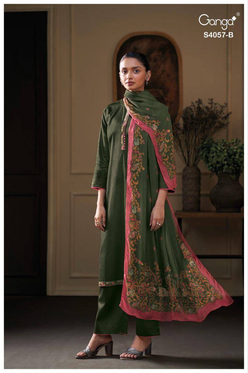 Nazriya-4057 By Ganga Fashion 4057-A To 4057-D Series Beautiful Festive Suits Stylish Colorful Fancy Casual Wear & Ethnic Wear Cotton Silk Dresses At Wholesale Price