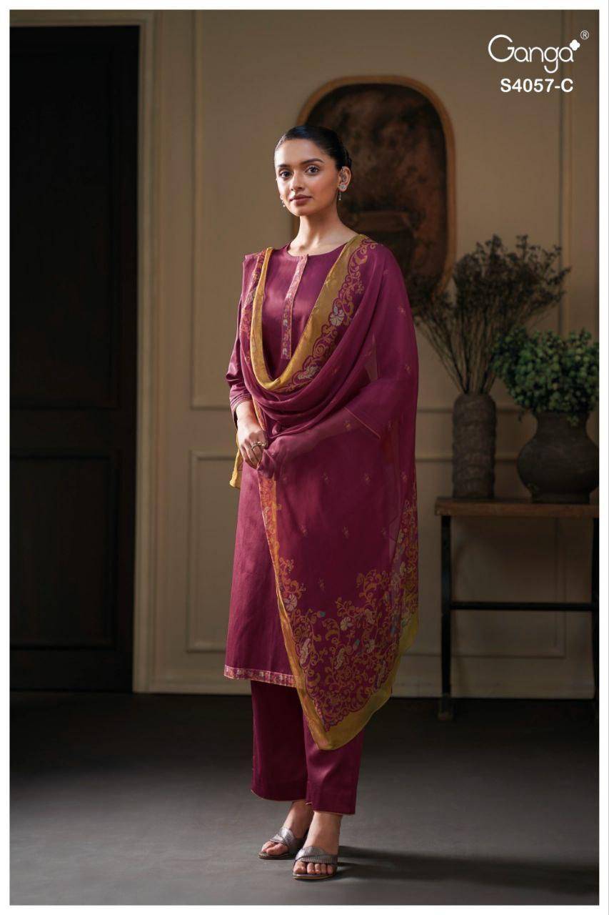 Nazriya-4057 By Ganga Fashion 4057-A To 4057-D Series Beautiful Festive Suits Stylish Colorful Fancy Casual Wear & Ethnic Wear Cotton Silk Dresses At Wholesale Price