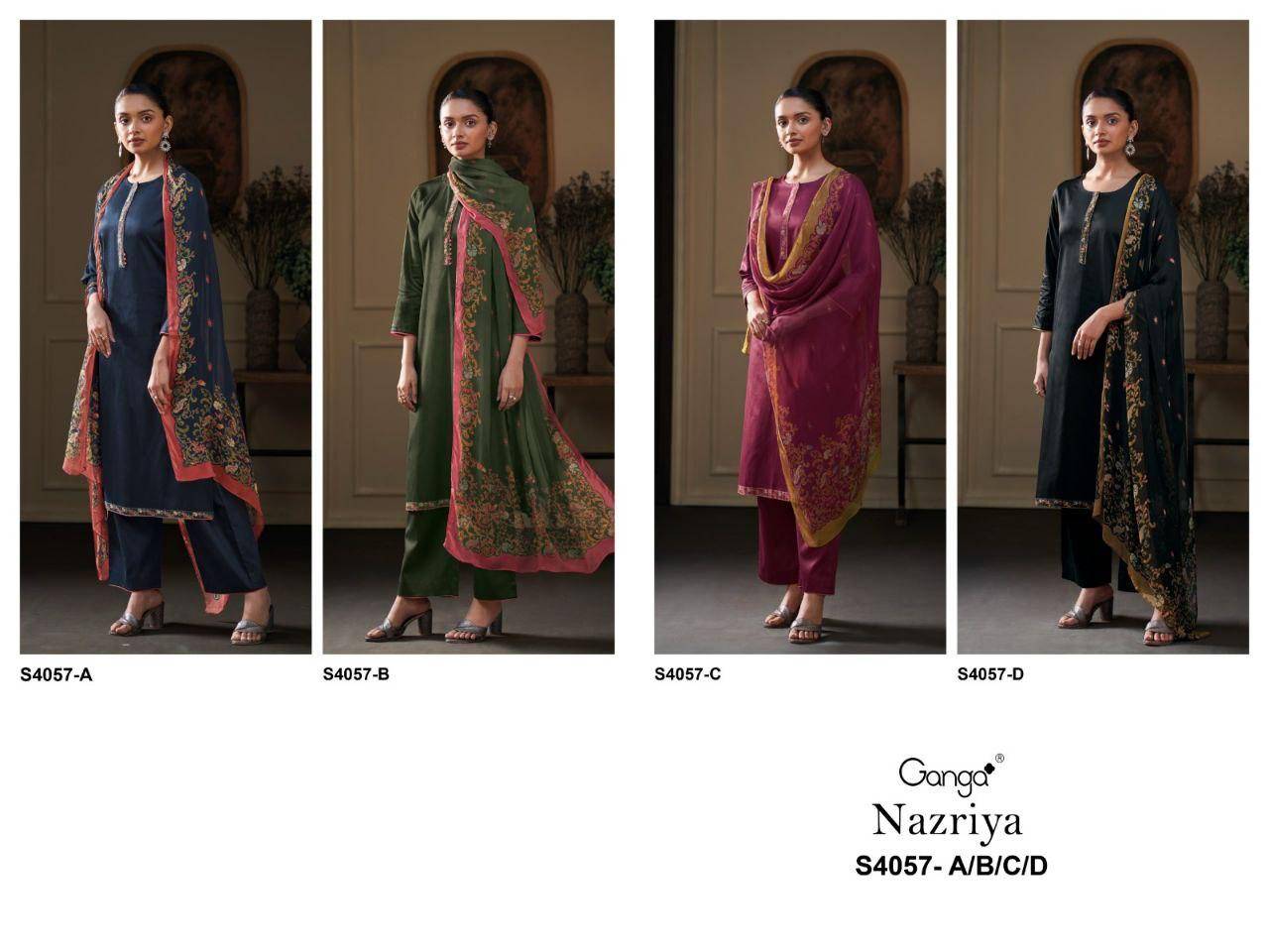 Nazriya-4057 By Ganga Fashion 4057-A To 4057-D Series Beautiful Festive Suits Stylish Colorful Fancy Casual Wear & Ethnic Wear Cotton Silk Dresses At Wholesale Price