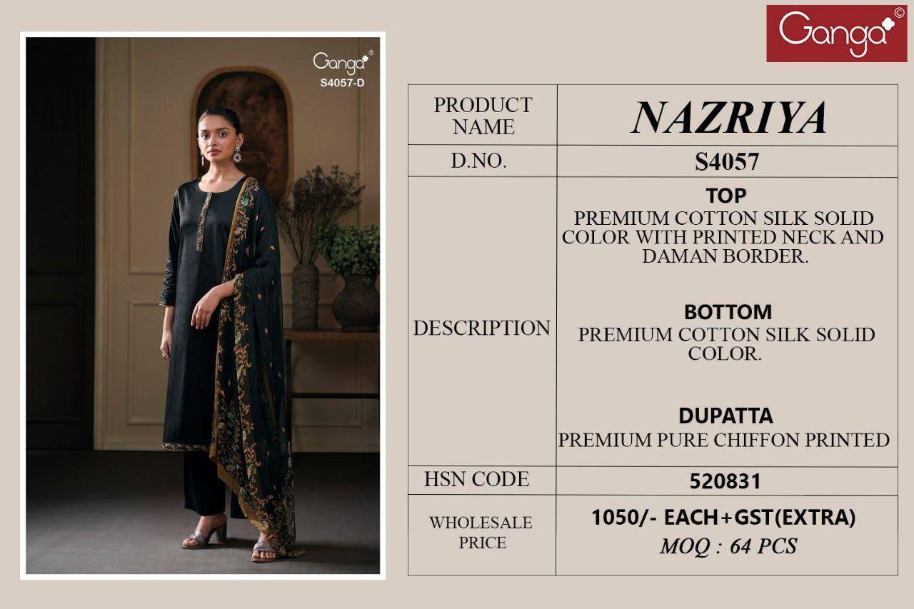 Nazriya-4057 By Ganga Fashion 4057-A To 4057-D Series Beautiful Festive Suits Stylish Colorful Fancy Casual Wear & Ethnic Wear Cotton Silk Dresses At Wholesale Price