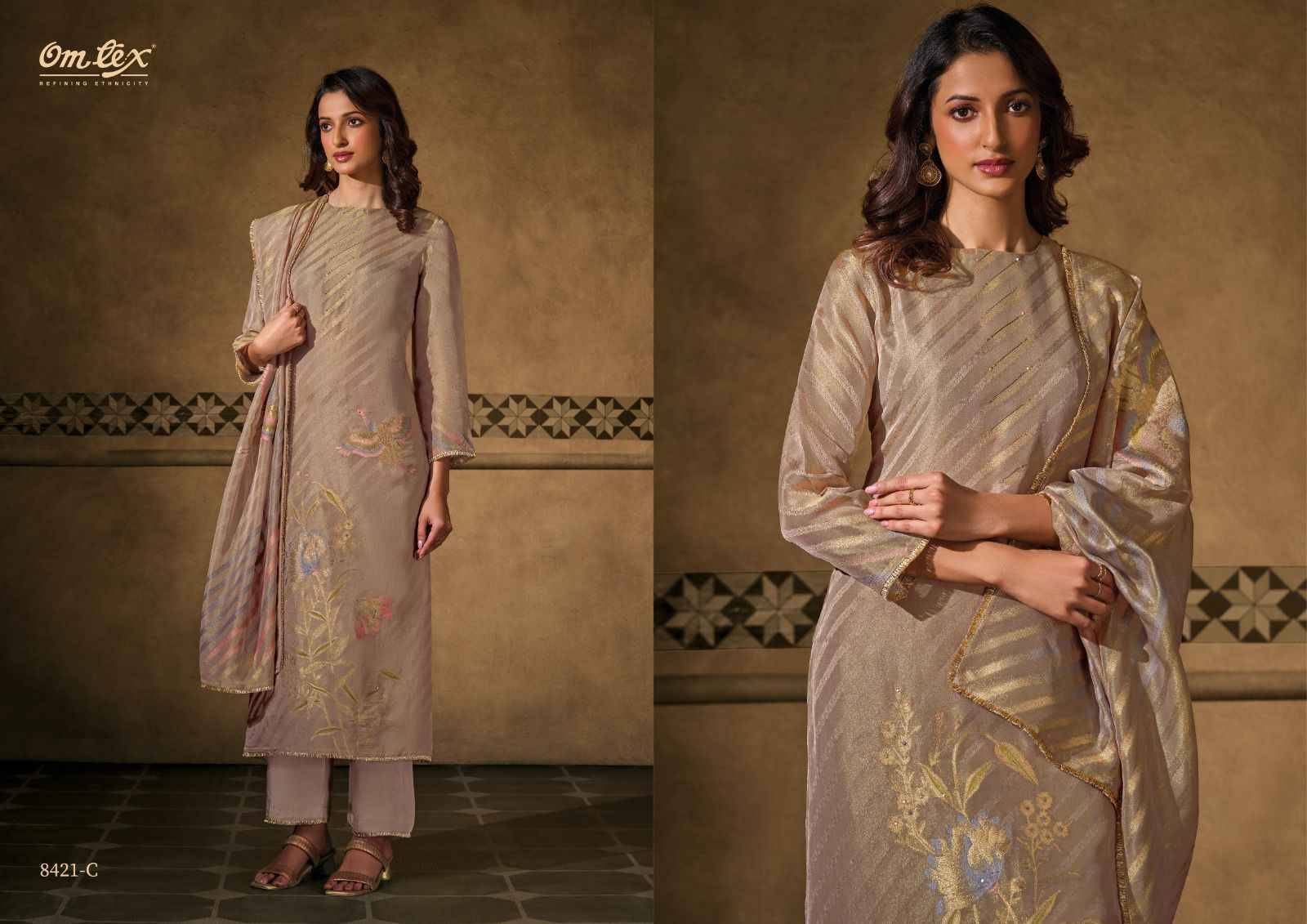 Rianshi By Om Tex 8421-A To 8421-D Series Beautiful Festive Suits Colorful Stylish Fancy Casual Wear & Ethnic Wear Elice Silk Tissue Dresses At Wholesale Price