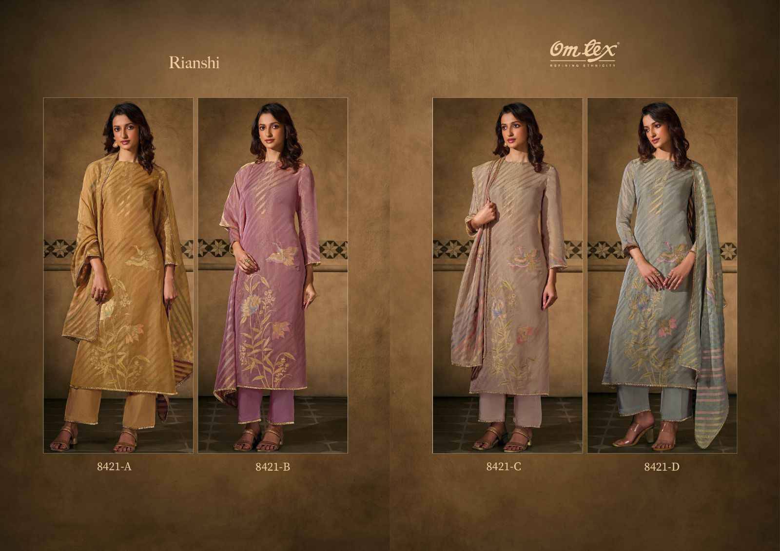 Rianshi By Om Tex 8421-A To 8421-D Series Beautiful Festive Suits Colorful Stylish Fancy Casual Wear & Ethnic Wear Elice Silk Tissue Dresses At Wholesale Price