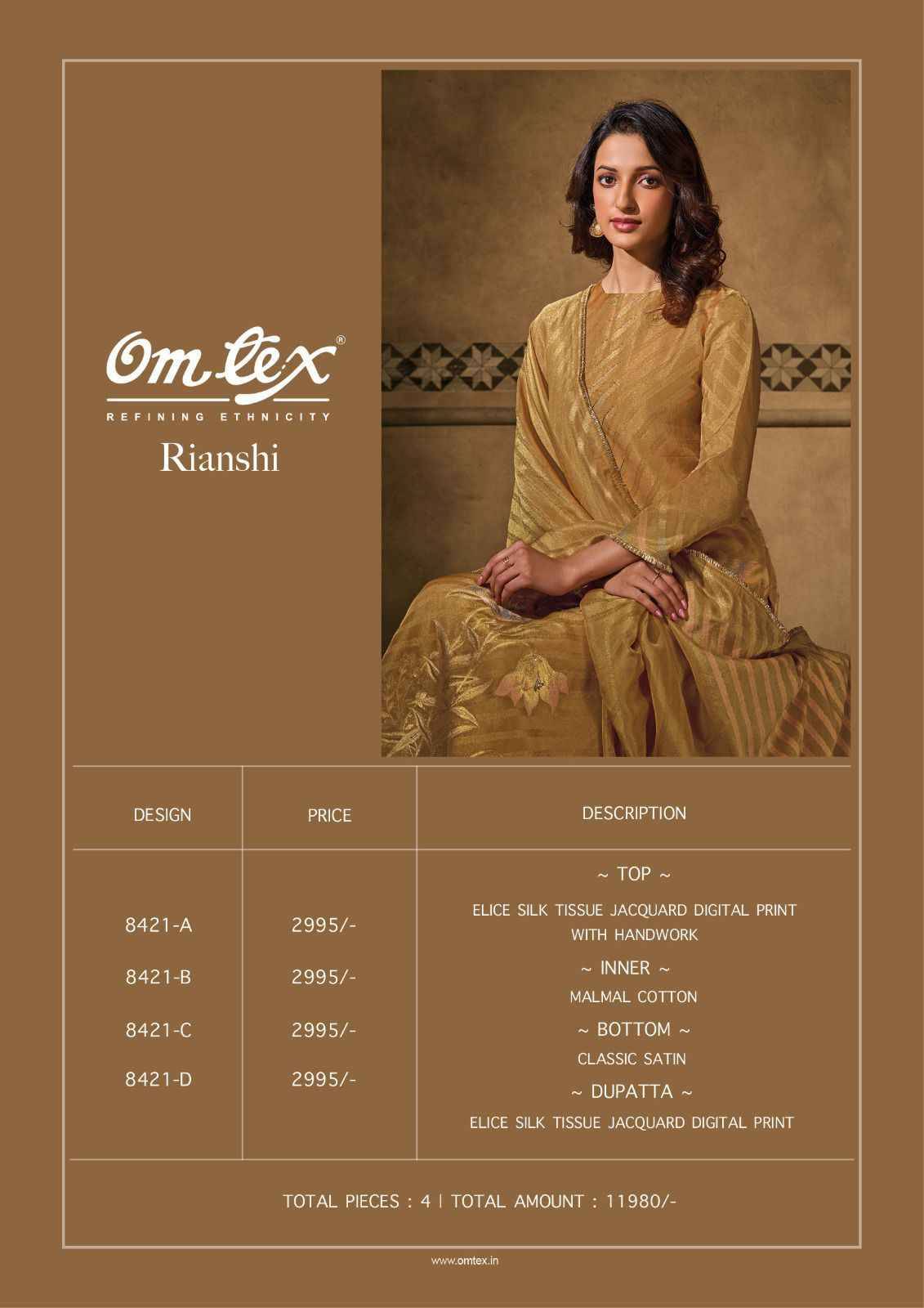 Rianshi By Om Tex 8421-A To 8421-D Series Beautiful Festive Suits Colorful Stylish Fancy Casual Wear & Ethnic Wear Elice Silk Tissue Dresses At Wholesale Price