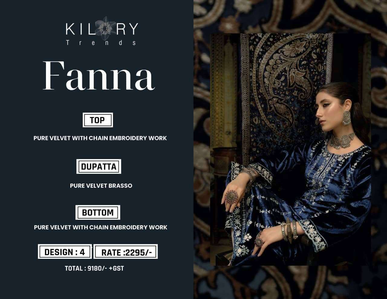 Fanna By Kilory 01 To 04 Series Beautiful Festive Suits Colorful Stylish Fancy Casual Wear & Ethnic Wear Pure Velvet Dresses At Wholesale Price