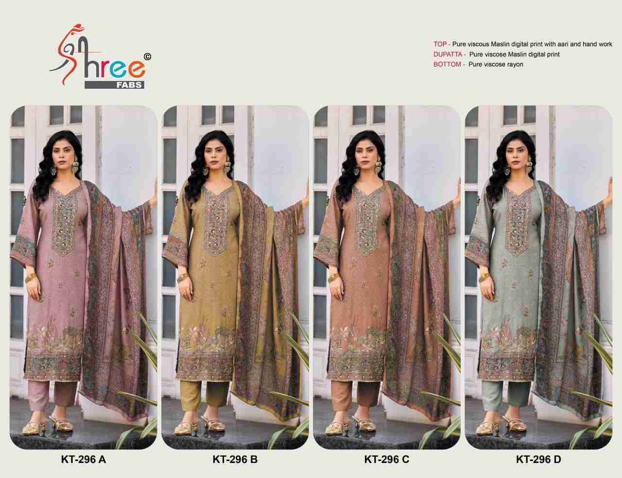 Shree Fabs Hit Design KT-296 Colours By Shree Fabs KT-296-A To KT-296 -D Series Designer Pakistani Suits Beautiful Fancy Stylish Colorful Party Wear & Occasional Wear Pure Viscose Muslin Embroidery Dresses At Wholesale Price