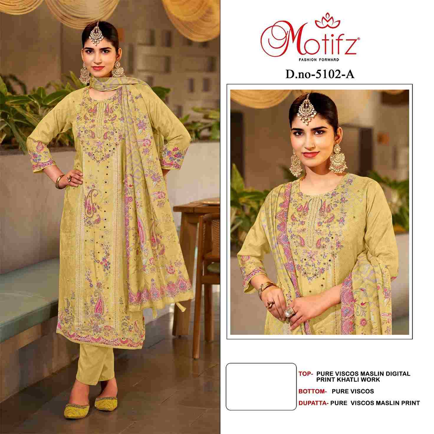 Motifz Hit Design 5102 Colours By Motifz 5102-A To 5102-D Series Beautiful Pakistani Suits Colorful Stylish Fancy Casual Wear & Ethnic Wear Pure Viscose Muslin Digital Prints Dresses At Wholesale Price