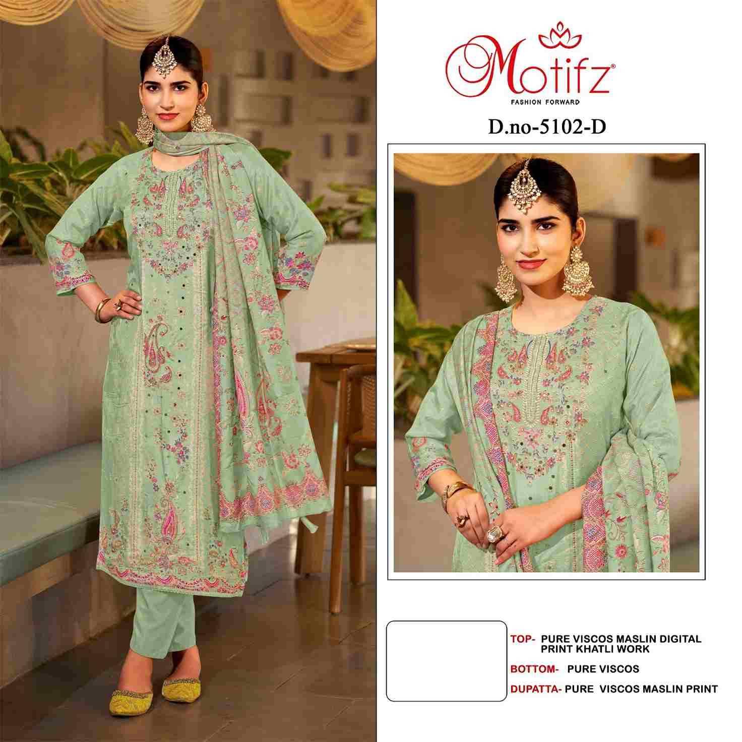 Motifz Hit Design 5102 Colours By Motifz 5102-A To 5102-D Series Beautiful Pakistani Suits Colorful Stylish Fancy Casual Wear & Ethnic Wear Pure Viscose Muslin Digital Prints Dresses At Wholesale Price