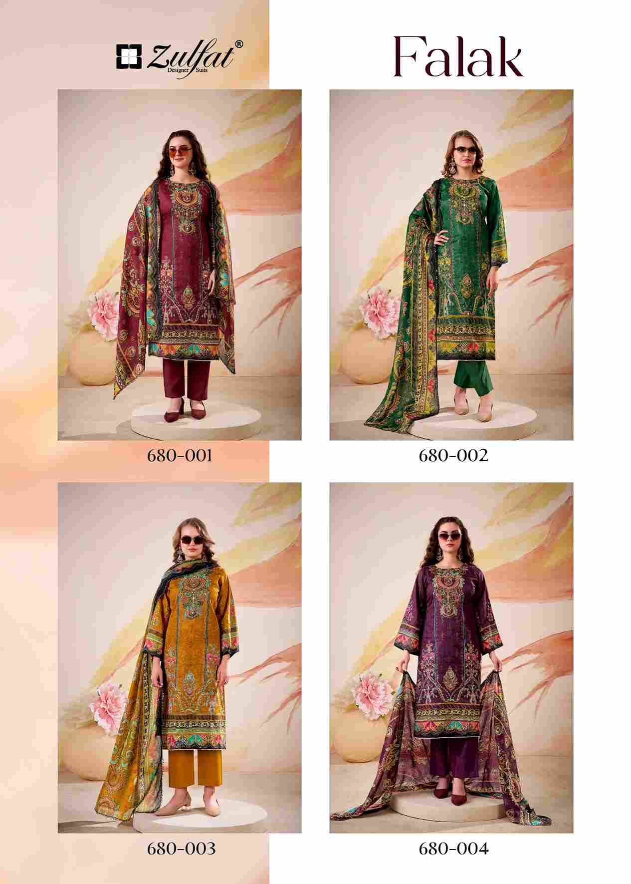Falak By Zulfat 680-001 To 680-004 Series Beautiful Festive Suits Stylish Fancy Colorful Casual Wear & Ethnic Wear Pure Jam Cotton Satin Print Dresses At Wholesale Price