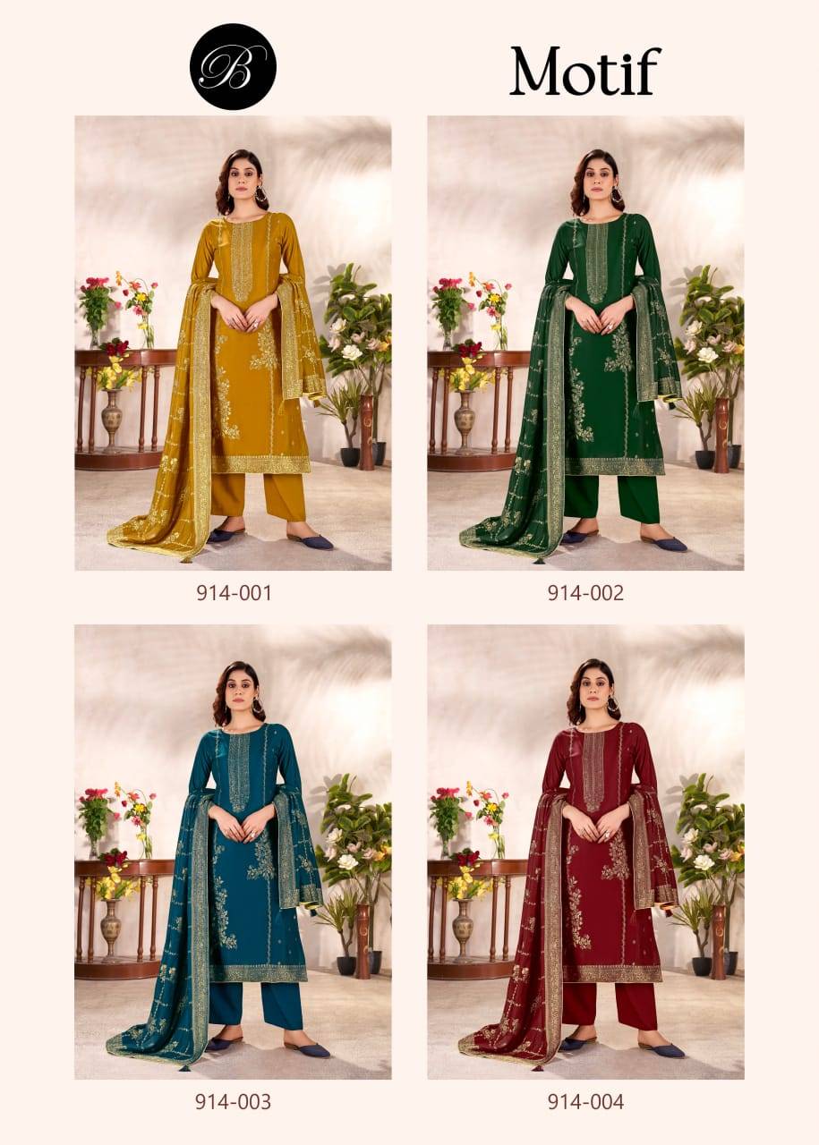 Motif By Belliza 914-001 To 914-004 Series Beautiful Festive Suits Stylish Fancy Colorful Casual Wear & Ethnic Wear Pure Viscose Pashmina Print Dresses At Wholesale Price
