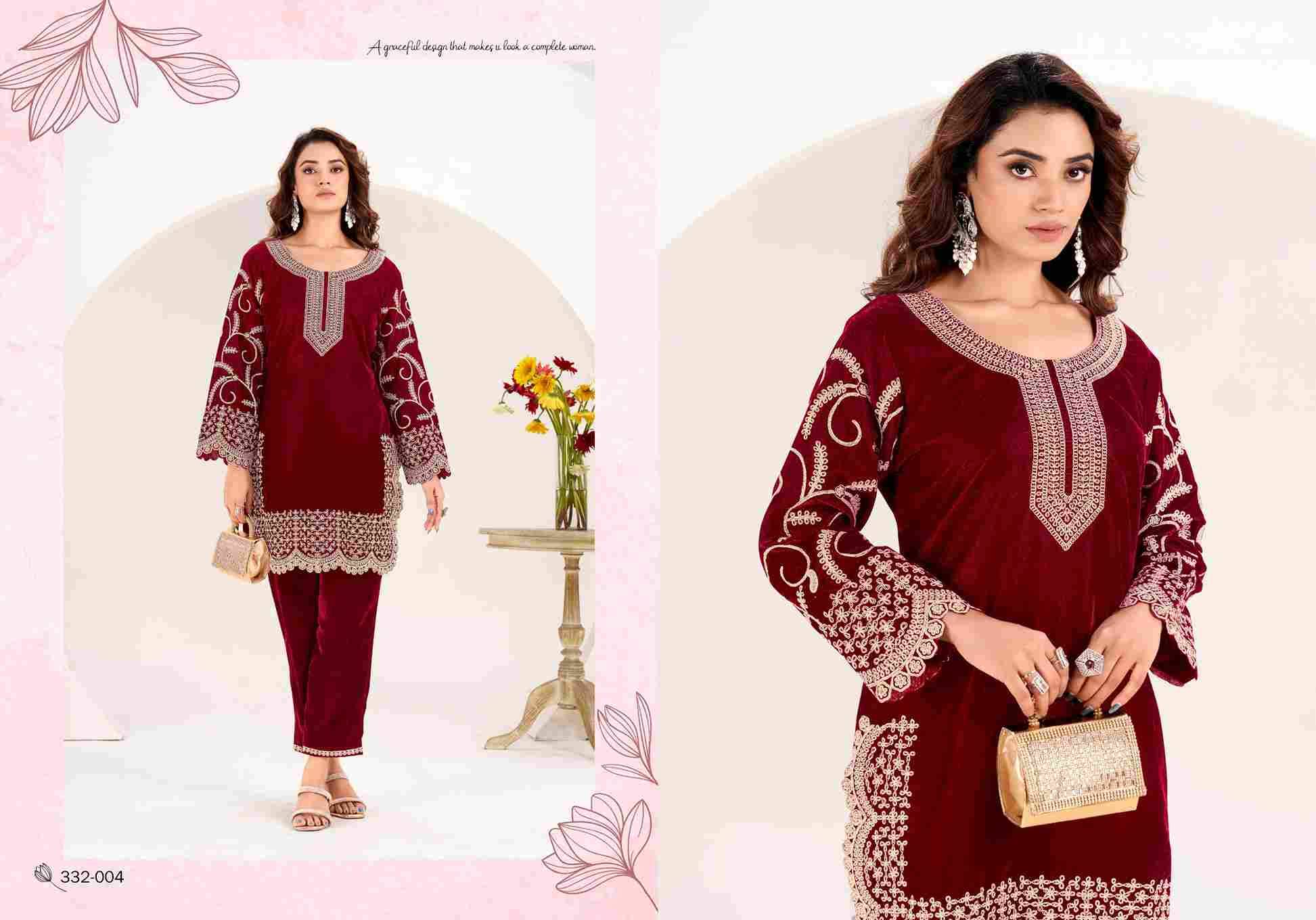 Shanvi By Gulvez Prints 332 -001 To 332-004 Series Festive Suits Beautiful Fancy Colorful Stylish Party Wear & Occasional Wear Premium Velvet Embroidery Dresses At Wholesale Price