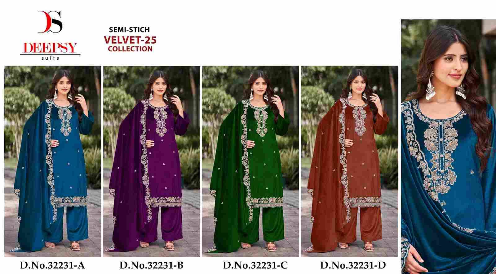 Velvet 32231 Colours By Deepsy Suits 32231-A To 32231-D Series Beautiful Stylish Pakistani Suits Fancy Colorful Casual Wear & Ethnic Wear & Ready To Wear Heavy Velvet Embroidery Dresses At Wholesale Price