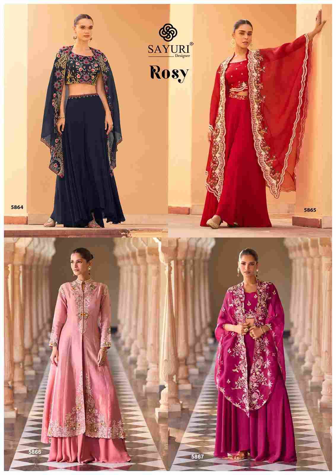 Rosy By Sayuri 5864 To 5867 Series Designer Stylish Fancy Colorful Beautiful Party Wear & Ethnic Wear Collection Chinnon Tops With Bottom And Jacket At Wholesale Price