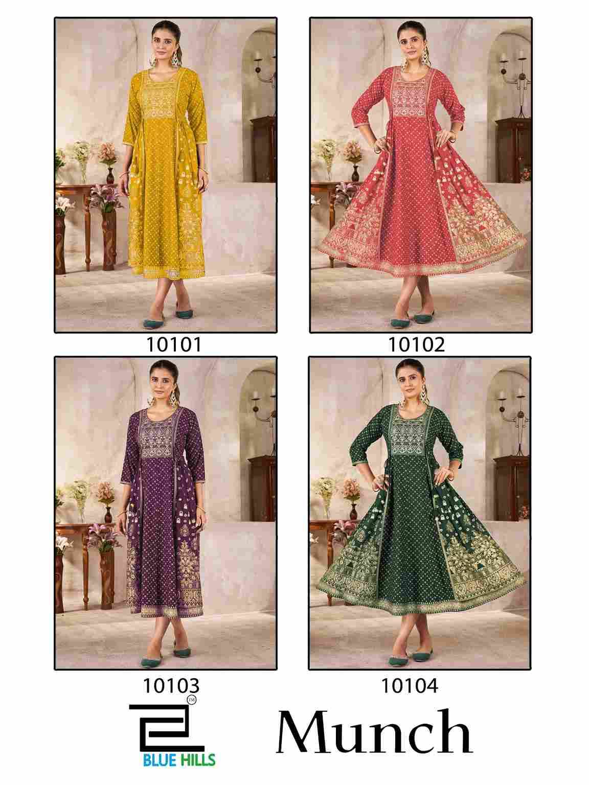 Munch By Blue Hills 1001 To 1004 Series Designer Stylish Fancy Colorful Beautiful Party Wear & Ethnic Wear Collection Rayon Foil Kurtis At Wholesale Price