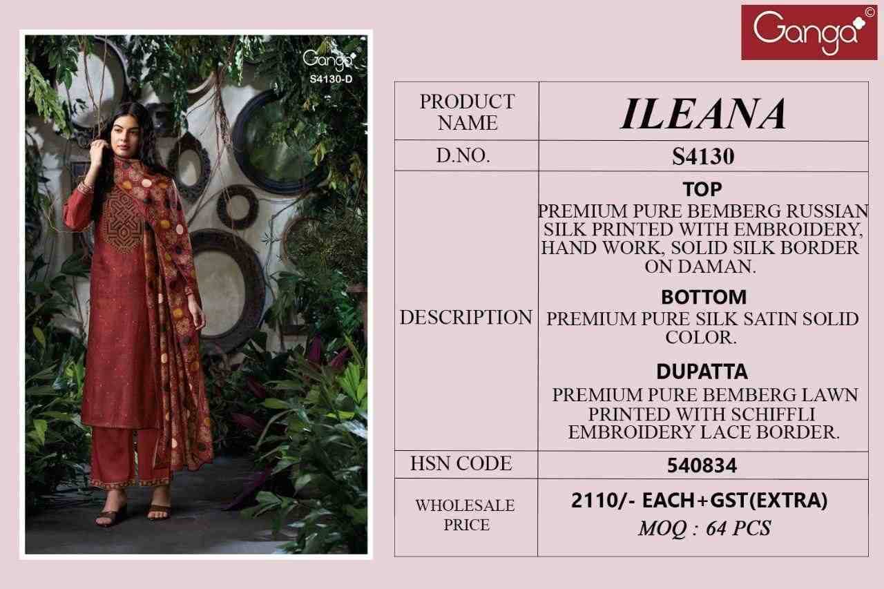 Ileana-4130 By Ganga Fashion 4130-A To 4130-D Series Beautiful Festive Suits Stylish Colorful Fancy Casual Wear & Ethnic Wear Premium Bemberg Silk Print Dresses At Wholesale Price