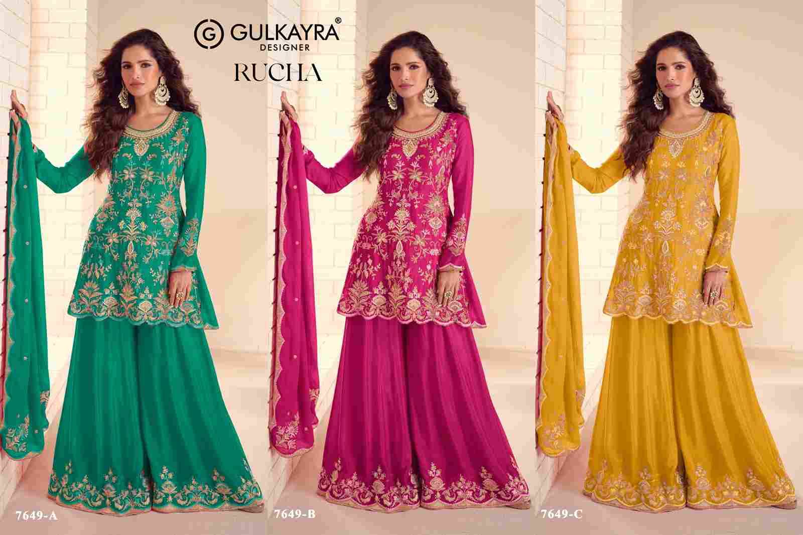 Rucha By Gulkayra Designer 7649-A To 7649-C Series Beautiful Sharara Suits Colorful Stylish Fancy Casual Wear & Ethnic Wear Chinnon Dresses At Wholesale Price