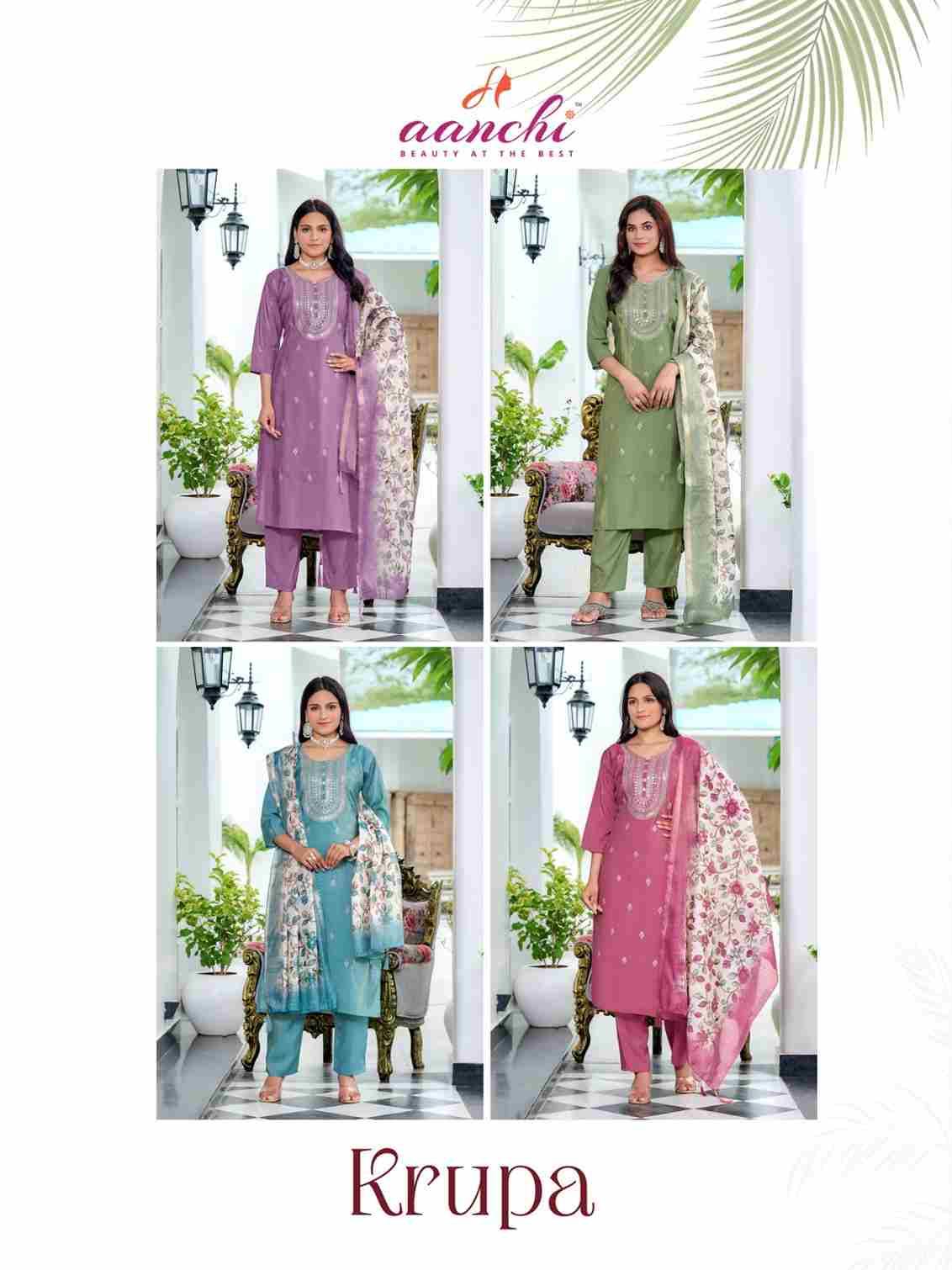 Krupa By Aanchi 1001 To 1004 Series Beautiful Suits Colorful Stylish Fancy Casual Wear & Ethnic Wear Roman Shimmer Dresses At Wholesale Price