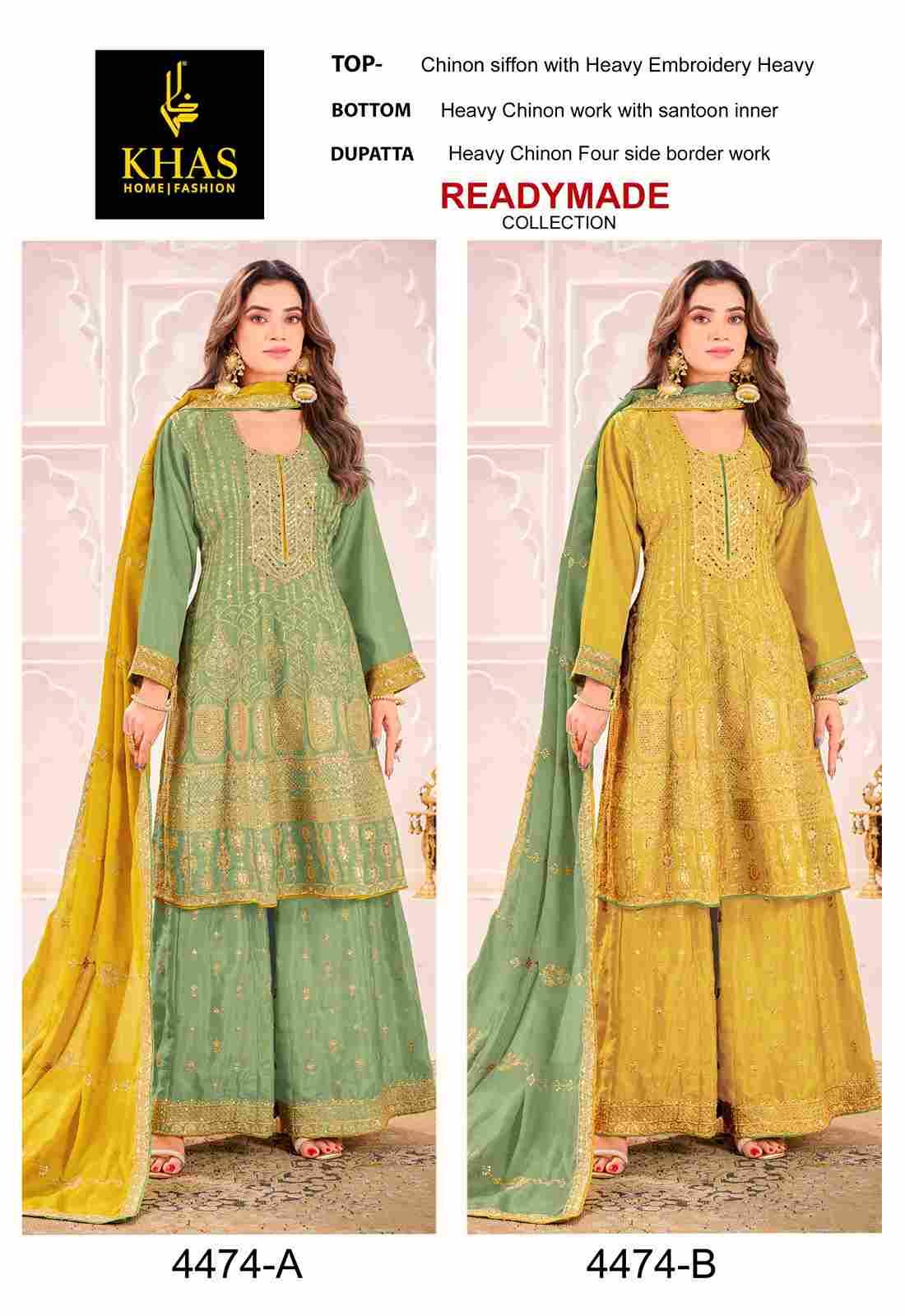 Khas 4474 Colours By Khas 4474-A To 4474-B Series Beautiful Pakistani Suits Colorful Stylish Fancy Casual Wear & Ethnic Wear Heavy Chinnon Chiffon Dresses At Wholesale Price