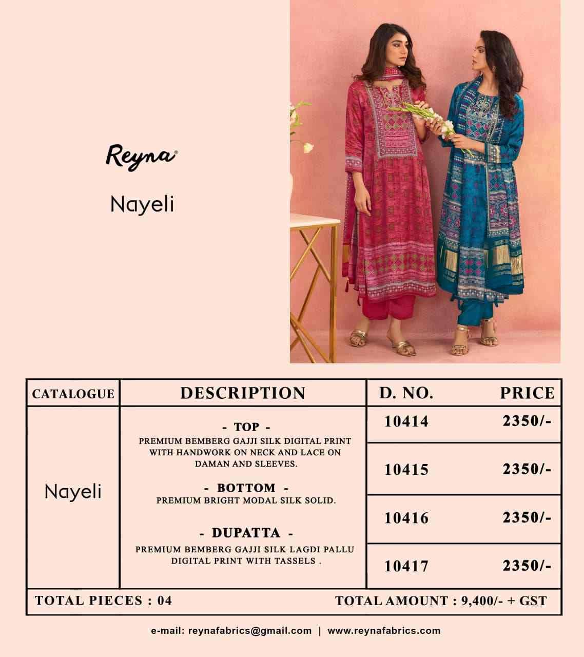 Nayeli By Reyna 10414 To 10417 Series Beautiful Festive Suits Colorful Stylish Fancy Casual Wear & Ethnic Wear Pure Bemberg Silk Dresses At Wholesale Price