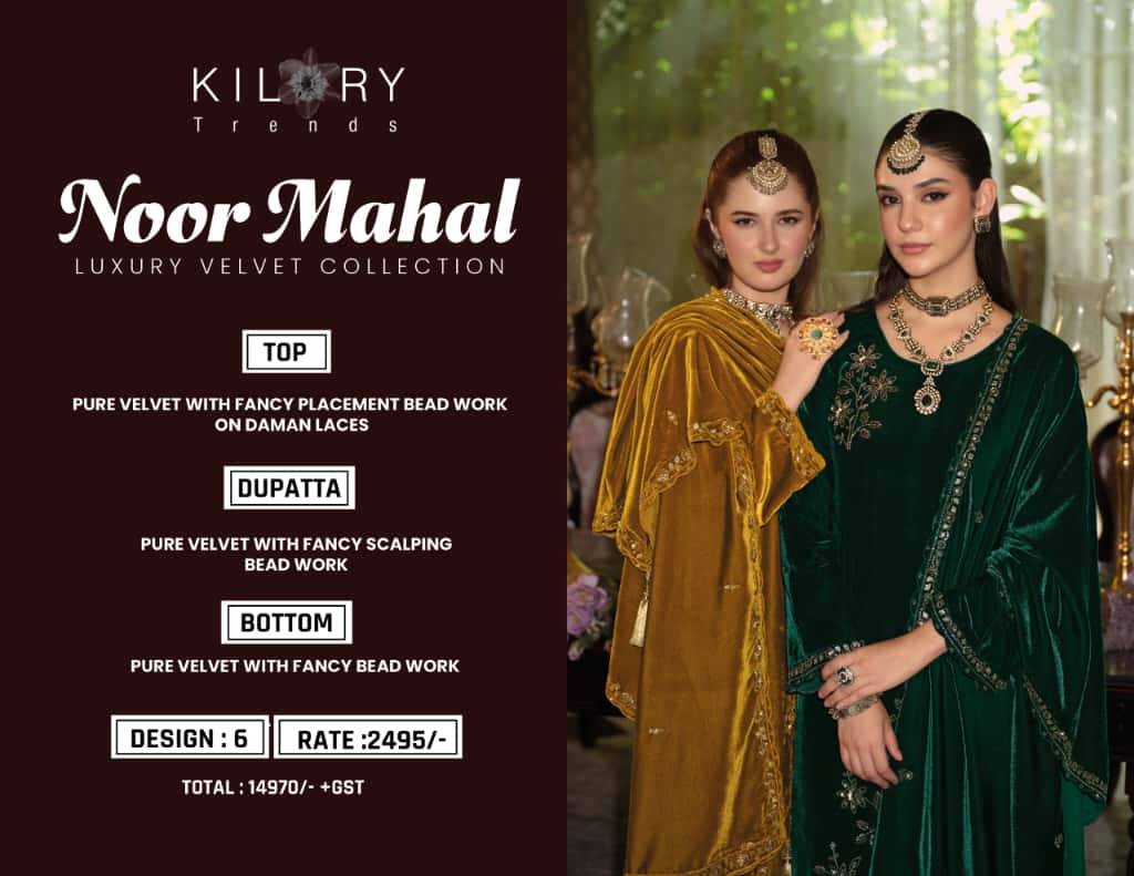 Noor Mahal By Kilory 1001 To 1006 Series Beautiful Festive Suits Colorful Stylish Fancy Casual Wear & Ethnic Wear Pure Velvet Dresses At Wholesale Price