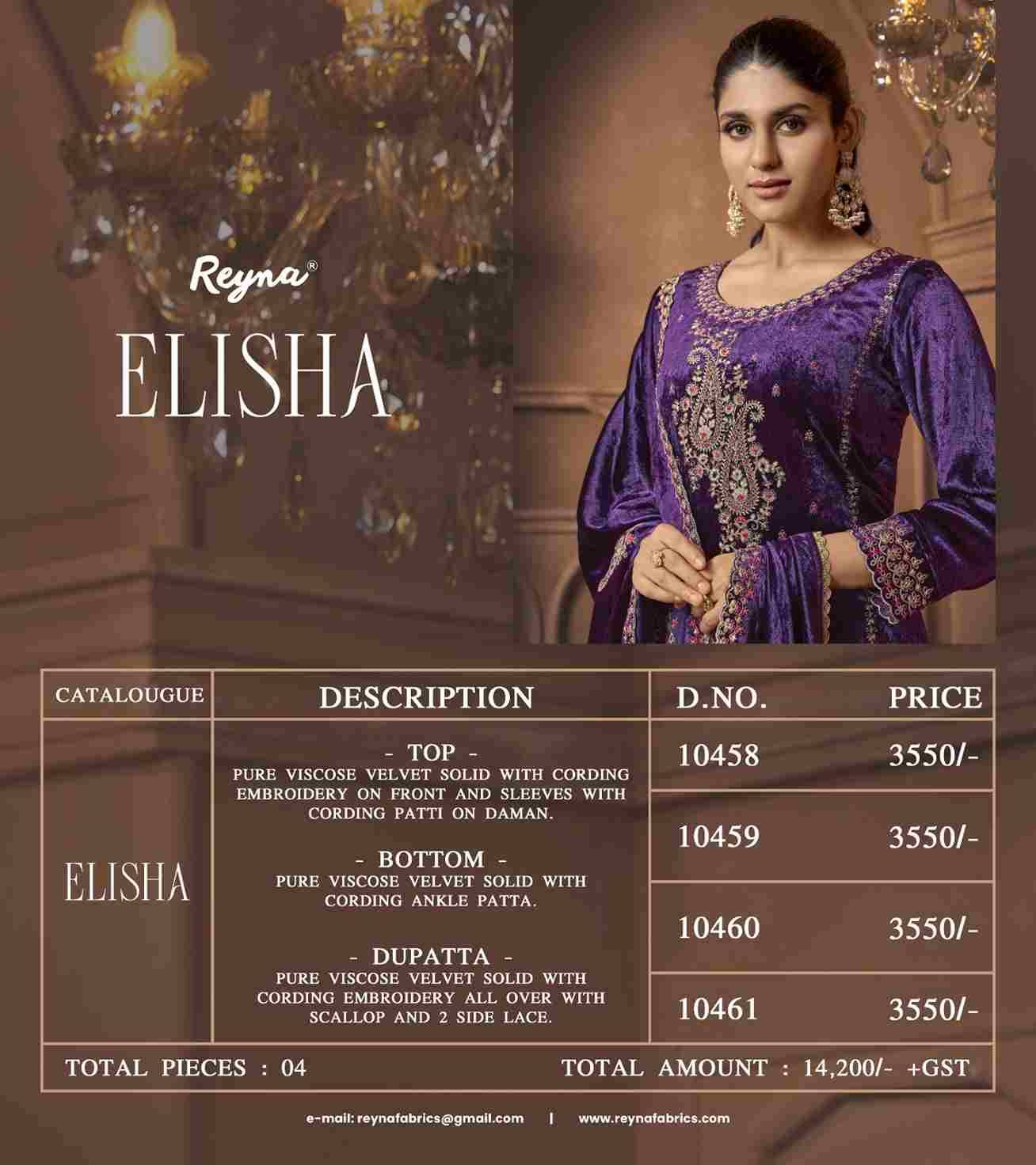 Elisha By Reyna 10458 To 10461 Series Beautiful Festive Suits Colorful Stylish Fancy Casual Wear & Ethnic Wear Pure Viscose Velvet Dresses At Wholesale Price