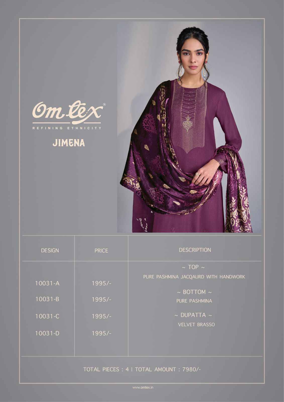 Jimena By Om Tex 10031-A To 10031-D Series Beautiful Festive Suits Colorful Stylish Fancy Casual Wear & Ethnic Wear Pure Pashmina Jacquard Dresses At Wholesale Price