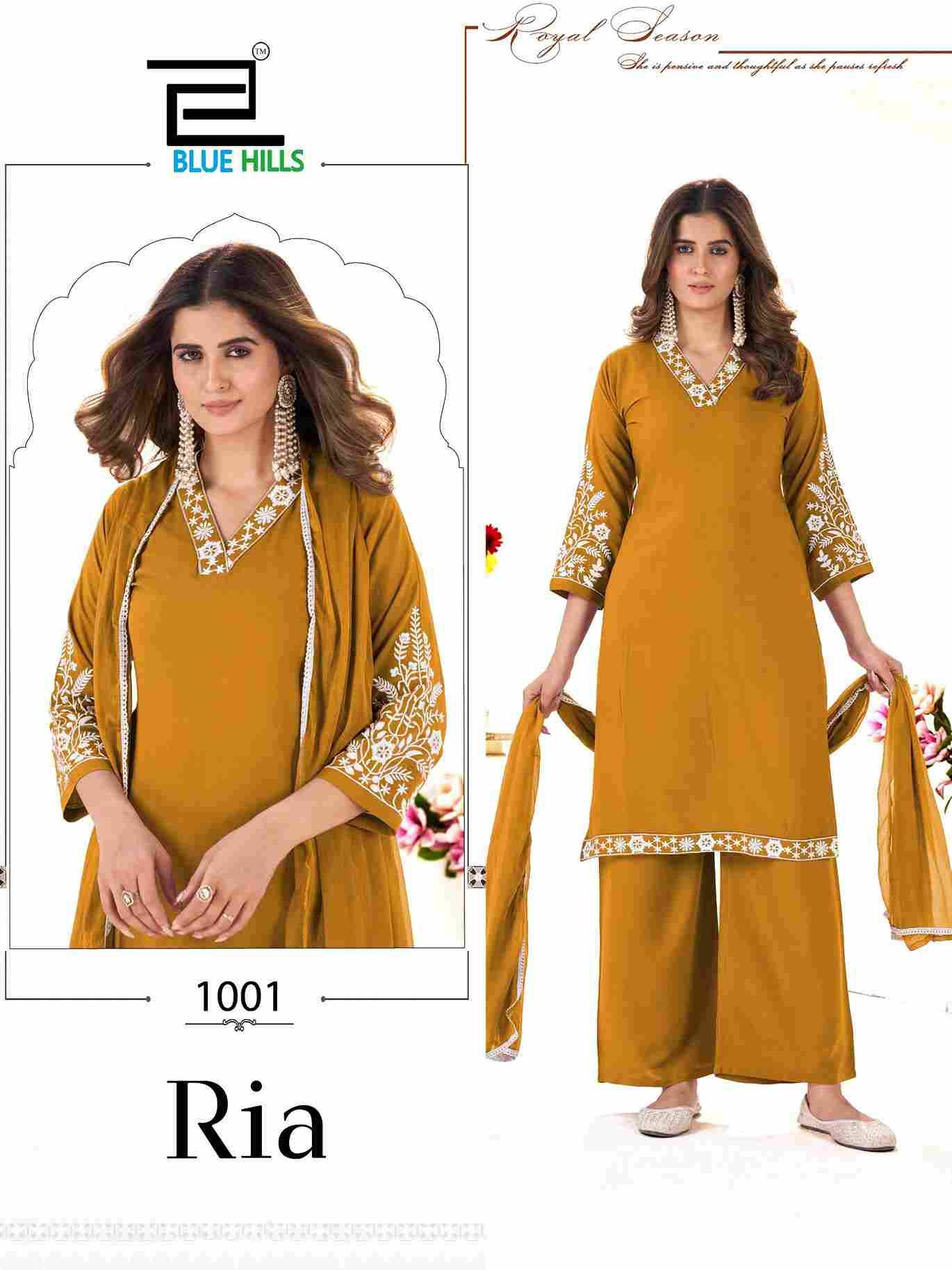 Ria By Blue Hills 1001 To 1004 Series Beautiful Suits Stylish Fancy Colorful Party Wear & Occasional Wear Rayon With Work Dresses At Wholesale Price
