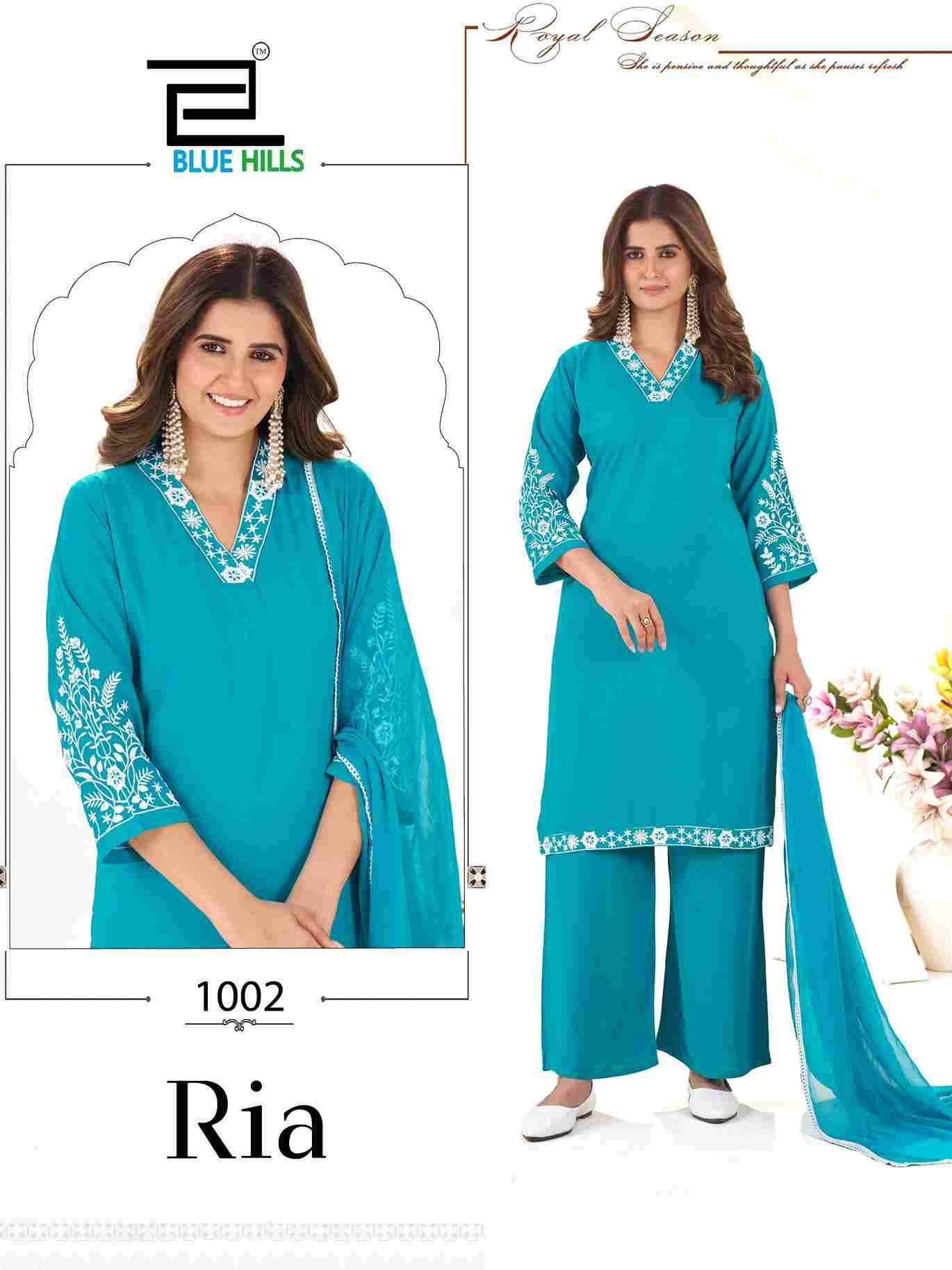 Ria By Blue Hills 1001 To 1004 Series Beautiful Suits Stylish Fancy Colorful Party Wear & Occasional Wear Rayon With Work Dresses At Wholesale Price