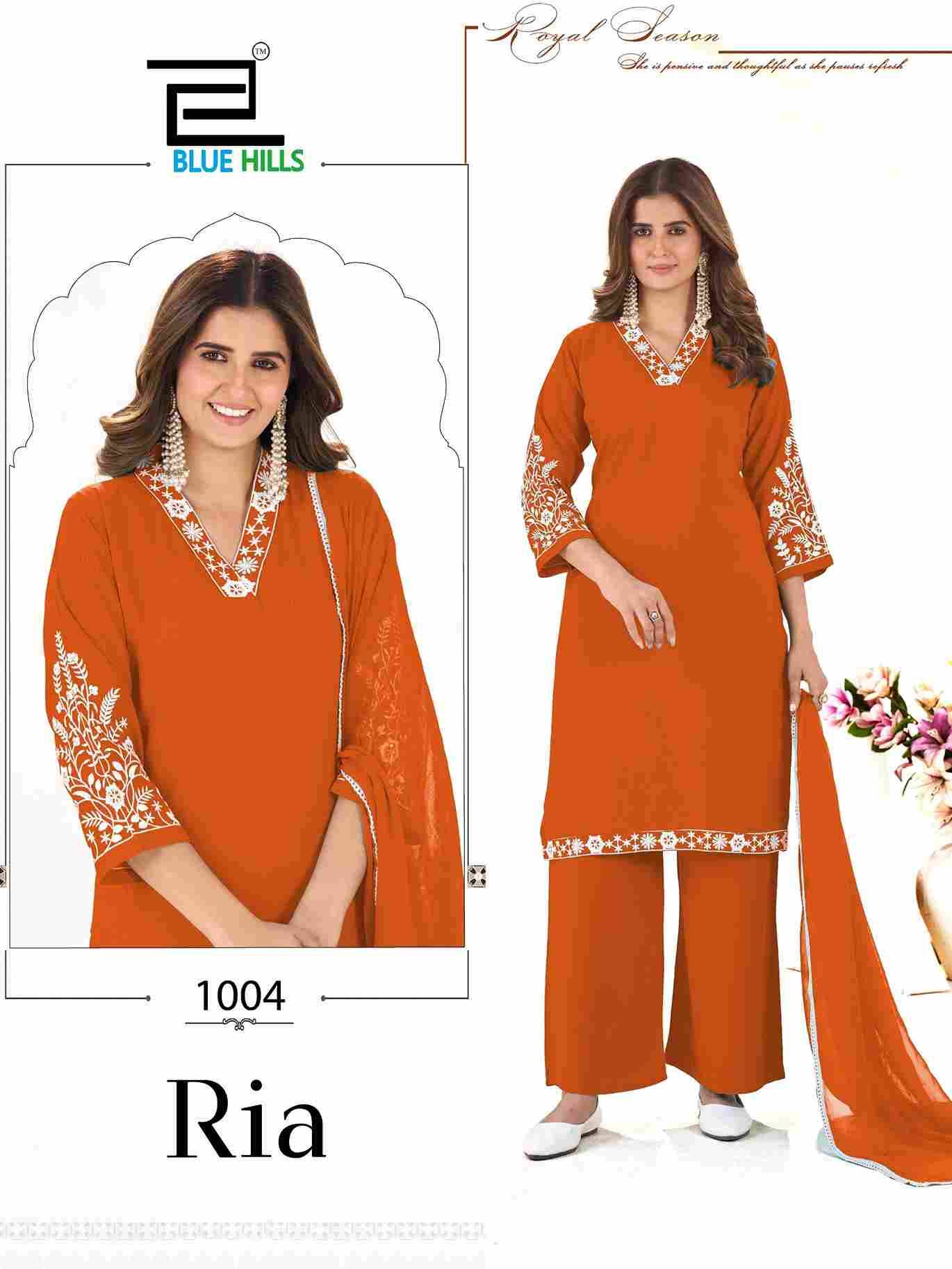 Ria By Blue Hills 1001 To 1004 Series Beautiful Suits Stylish Fancy Colorful Party Wear & Occasional Wear Rayon With Work Dresses At Wholesale Price