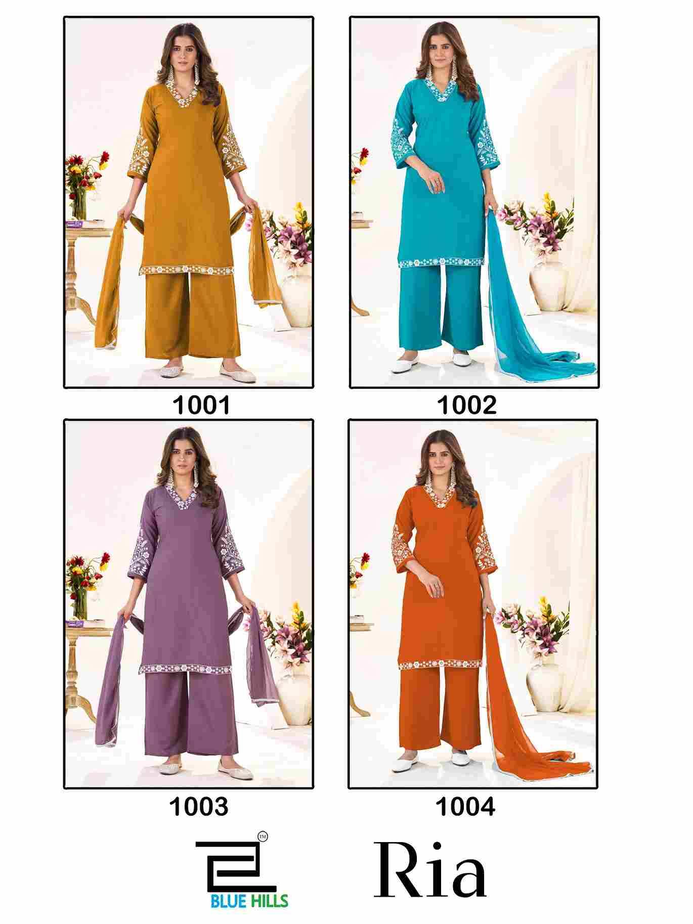 Ria By Blue Hills 1001 To 1004 Series Beautiful Suits Stylish Fancy Colorful Party Wear & Occasional Wear Rayon With Work Dresses At Wholesale Price