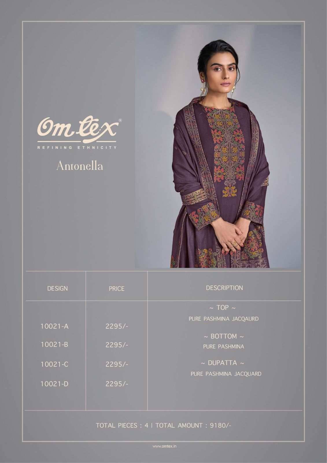 Antonella By Om Tex 10021-A To 10021-D Series Beautiful Festive Suits Colorful Stylish Fancy Casual Wear & Ethnic Wear Pure Pashmina Jacquard Dresses At Wholesale Price