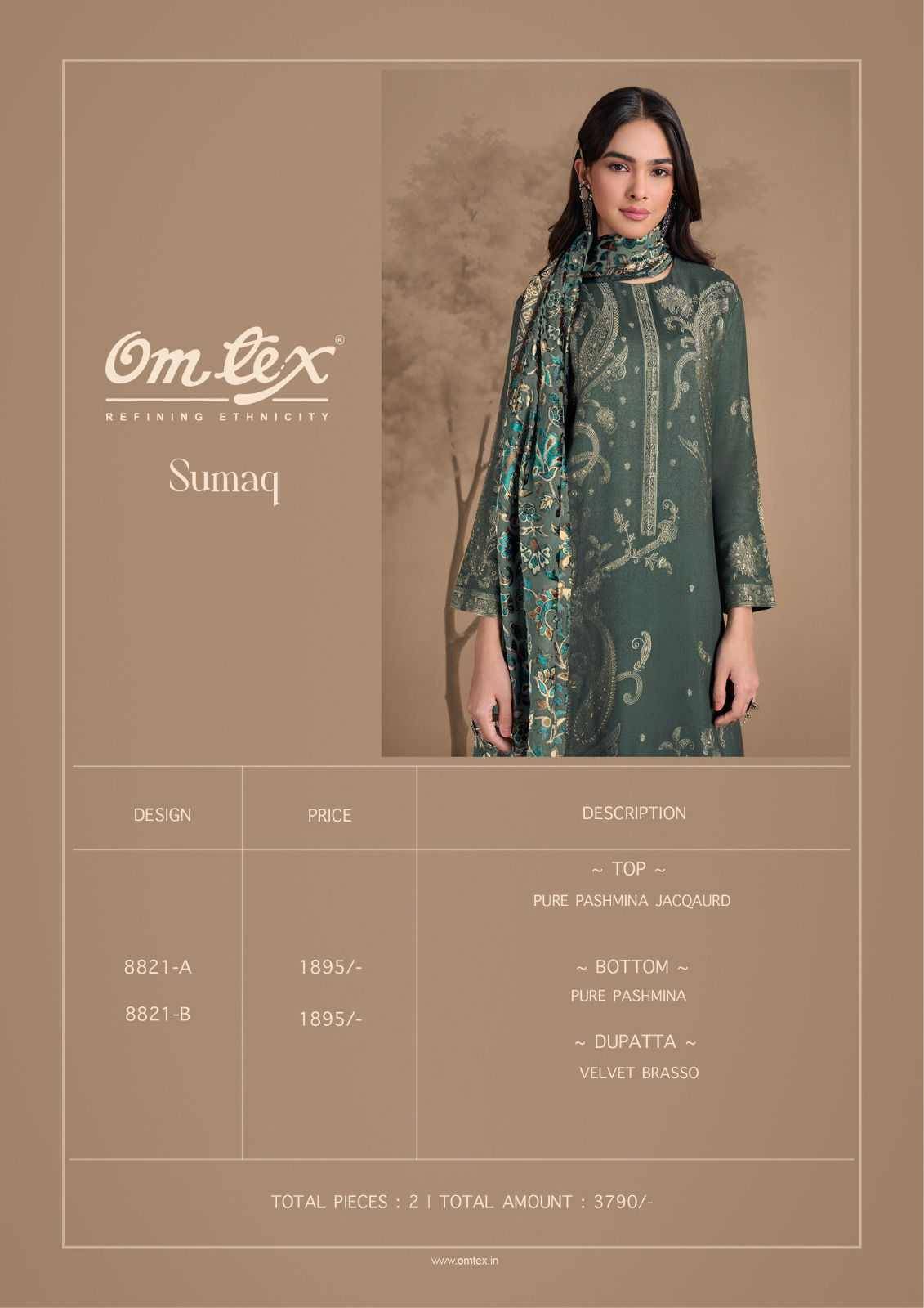 Sumaq By Om Tex 8821-A To 8821-B Series Beautiful Festive Suits Colorful Stylish Fancy Casual Wear & Ethnic Wear Pure Pashmina Jacquard Dresses At Wholesale Price
