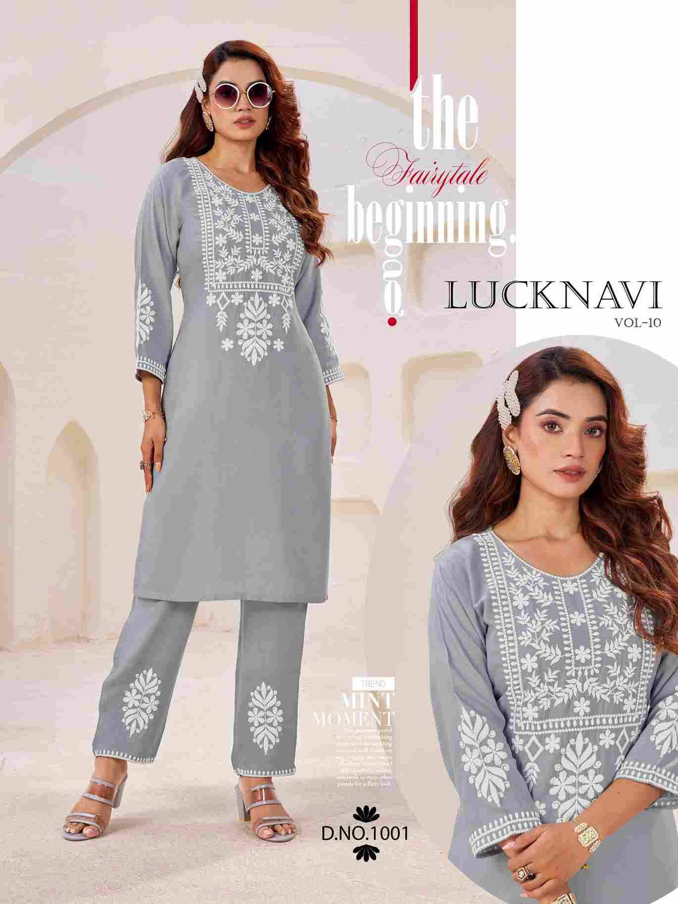 Lucknavi Vol-10 By Blue Hills 1001 To 1004 Series Designer Collection Beautiful Stylish Fancy Colorful Party Wear & Occasional Wear Rayon Print Kurtis With Bottom At Wholesale Price