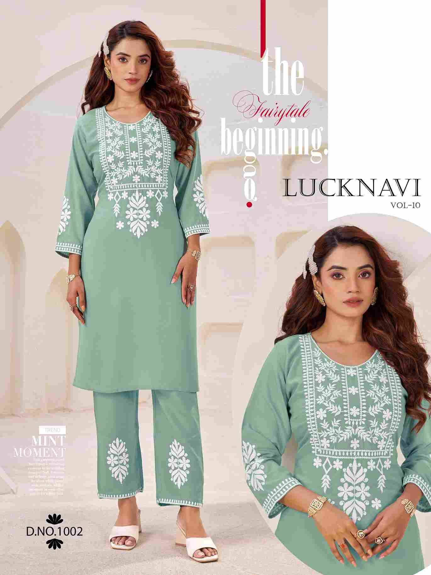 Lucknavi Vol-10 By Blue Hills 1001 To 1004 Series Designer Collection Beautiful Stylish Fancy Colorful Party Wear & Occasional Wear Rayon Print Kurtis With Bottom At Wholesale Price