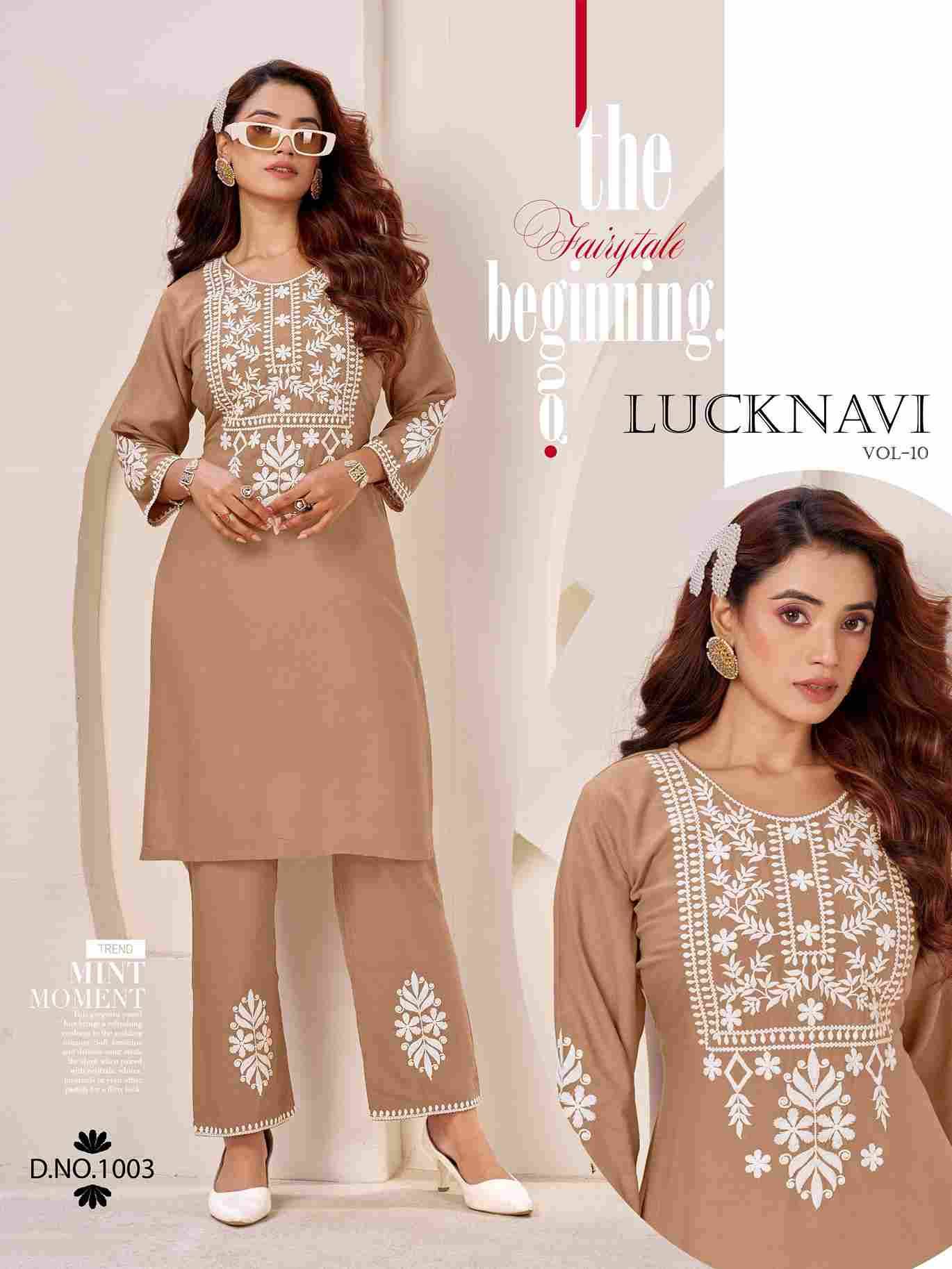 Lucknavi Vol-10 By Blue Hills 1001 To 1004 Series Designer Collection Beautiful Stylish Fancy Colorful Party Wear & Occasional Wear Rayon Print Kurtis With Bottom At Wholesale Price