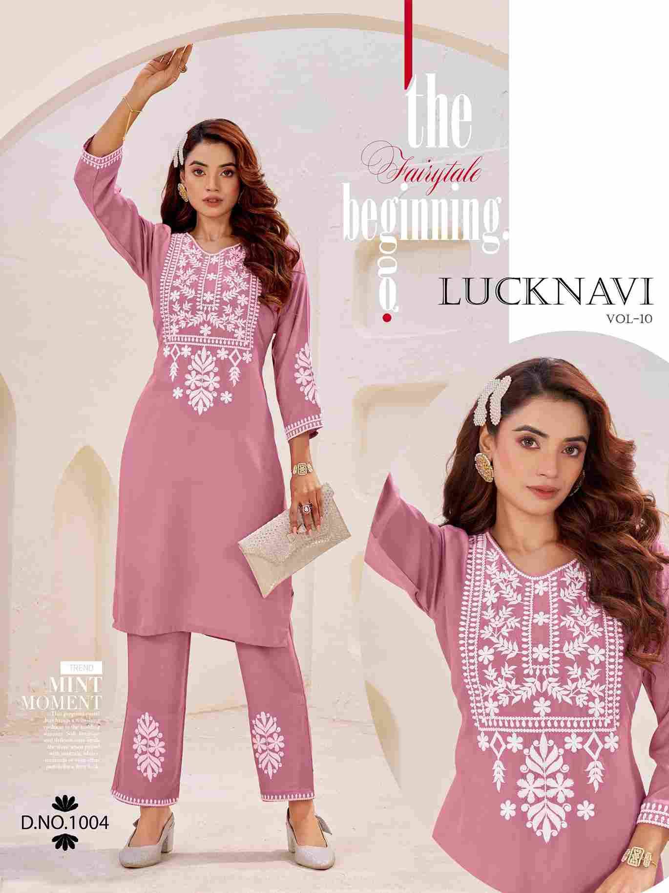 Lucknavi Vol-10 By Blue Hills 1001 To 1004 Series Designer Collection Beautiful Stylish Fancy Colorful Party Wear & Occasional Wear Rayon Print Kurtis With Bottom At Wholesale Price