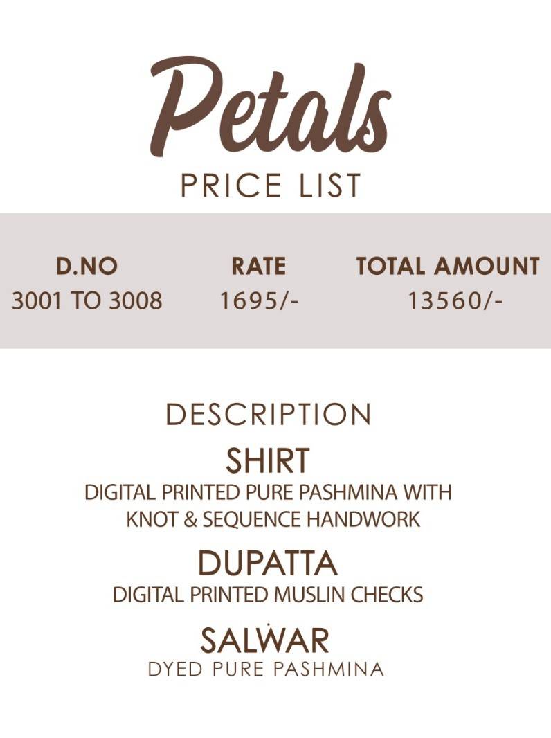 Petals By Esta Designs 3001 To 3008 Series Beautiful Festive Suits Colorful Stylish Fancy Casual Wear & Ethnic Wear Pure Pashmina Dresses At Wholesale Price