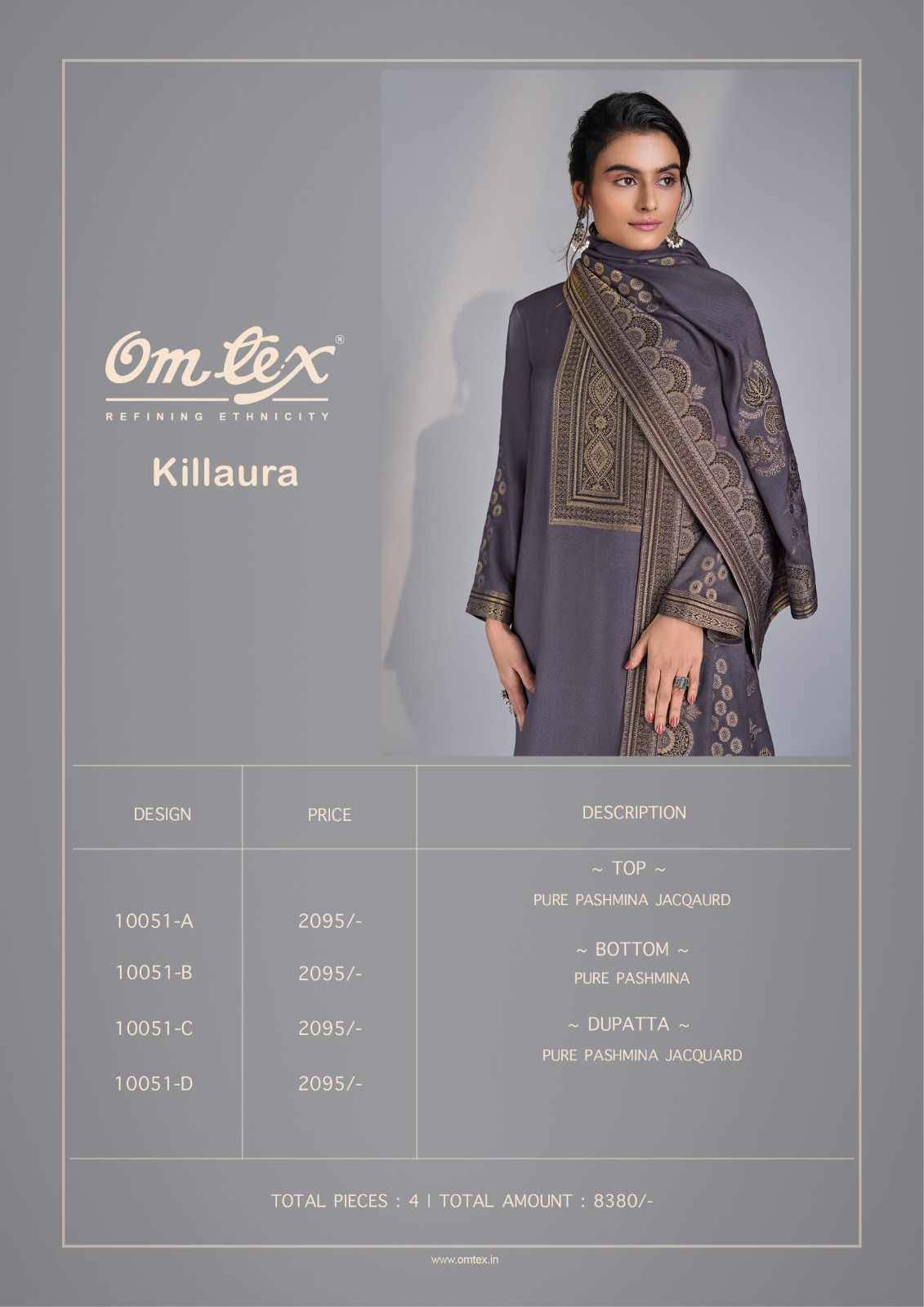 Killaura By Om Tex 10051-A To 10051-D Series Beautiful Festive Suits Colorful Stylish Fancy Casual Wear & Ethnic Wear Pure Pashmina Jacquard Dresses At Wholesale Price