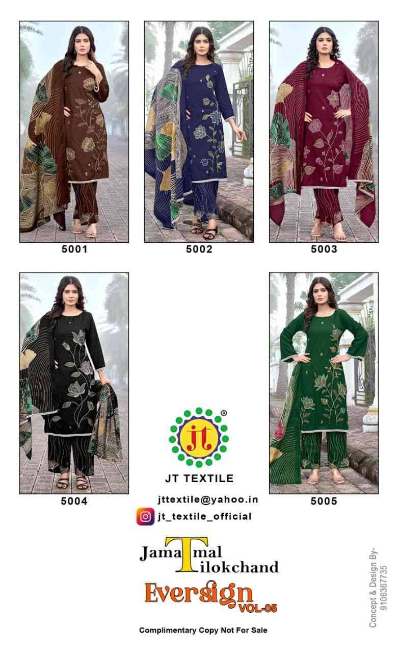 Eversign Vol-5 By JT 5001 To 5005 Series Beautiful Festive Suits Colorful Stylish Fancy Casual Wear & Ethnic Wear Rayon Dresses At Wholesale Price