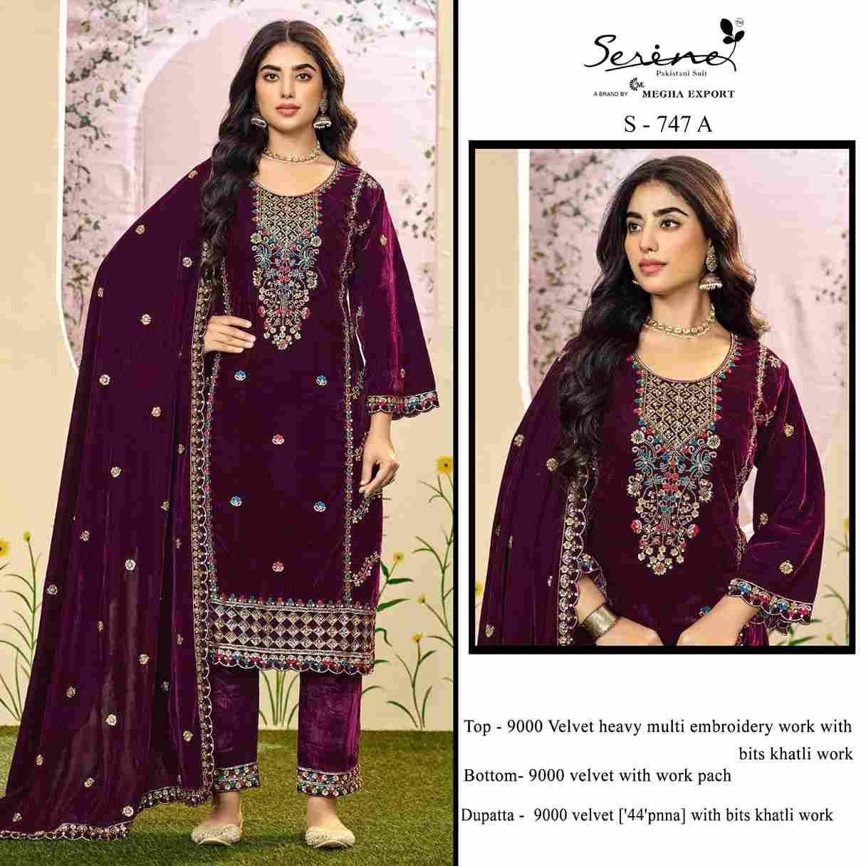 Serene Hit Design S-747 Colours By Serene S-747-A To S-747-D Series Designer Pakistani Suits Beautiful Fancy Colorful Stylish Party Wear & Occasional Wear Velvet Embroidered Dresses At Wholesale Price