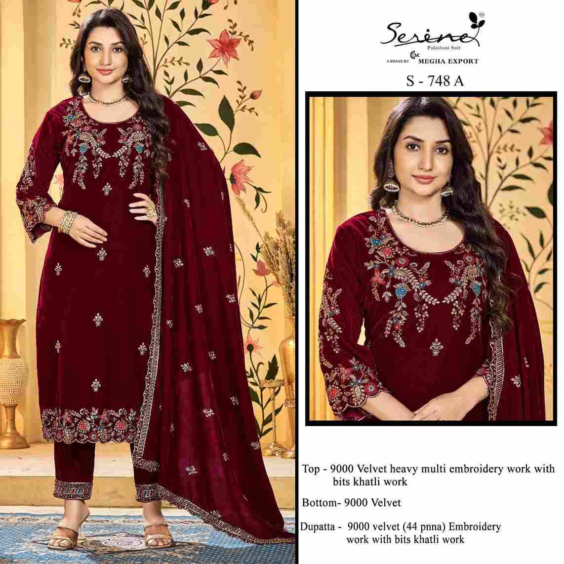 Serene Hit Design S-748 Colours By Serene S-748-A To S-748-D Series Designer Pakistani Suits Beautiful Fancy Colorful Stylish Party Wear & Occasional Wear Velvet Embroidered Dresses At Wholesale Price