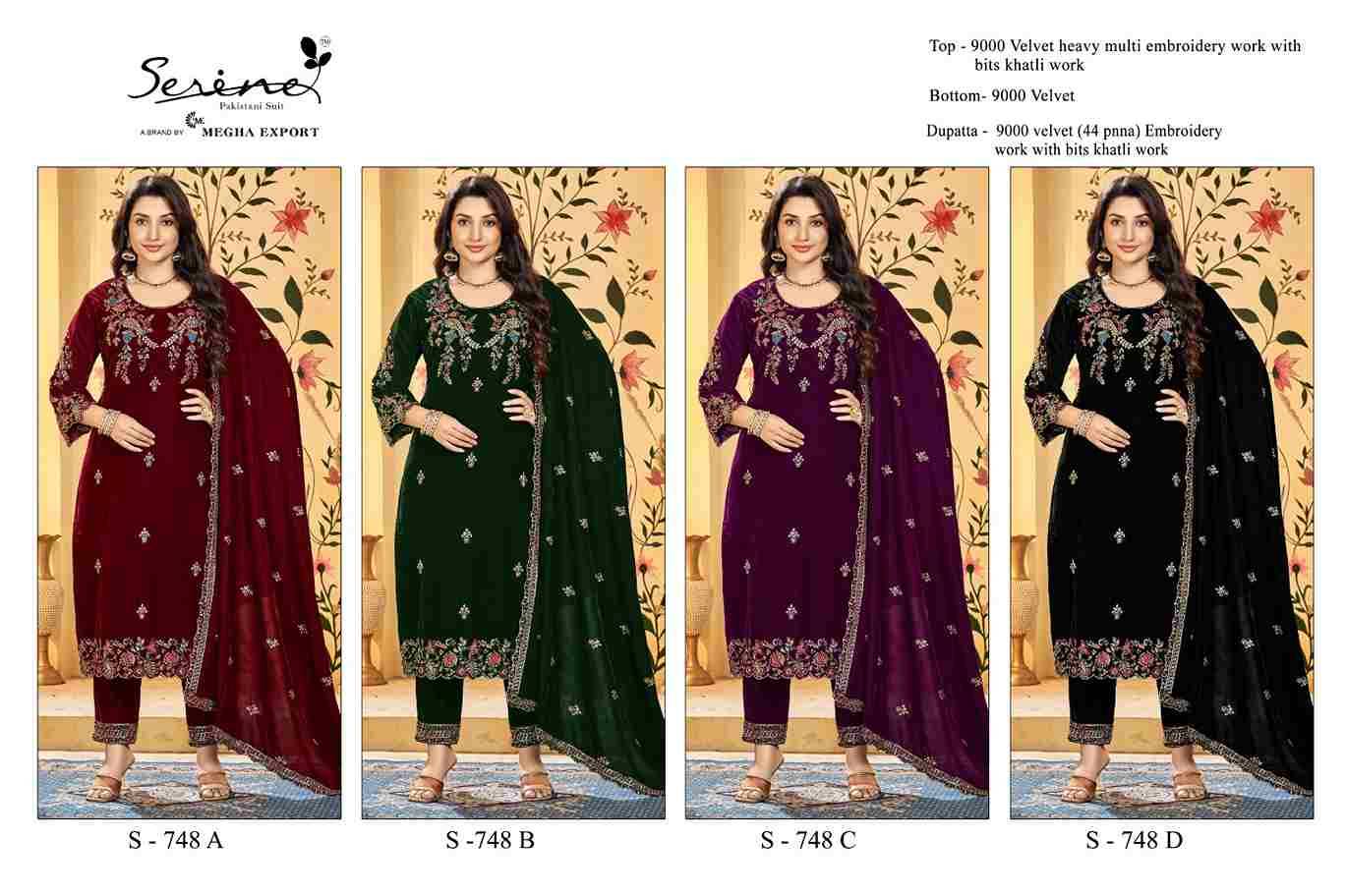 Serene Hit Design S-748 Colours By Serene S-748-A To S-748-D Series Designer Pakistani Suits Beautiful Fancy Colorful Stylish Party Wear & Occasional Wear Velvet Embroidered Dresses At Wholesale Price