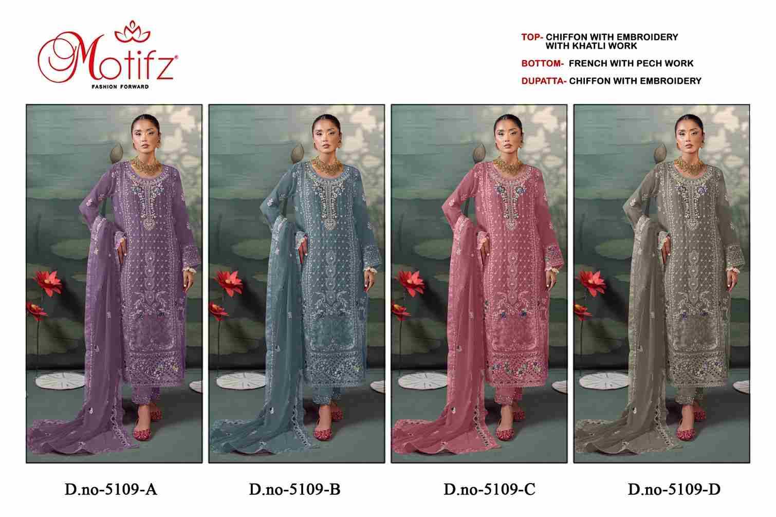 Motifz Hit Design 5109 Colours By Motifz 5109-A To 5109-D Series Beautiful Pakistani Suits Colorful Stylish Fancy Casual Wear & Ethnic Wear Chiffon Dresses At Wholesale Price
