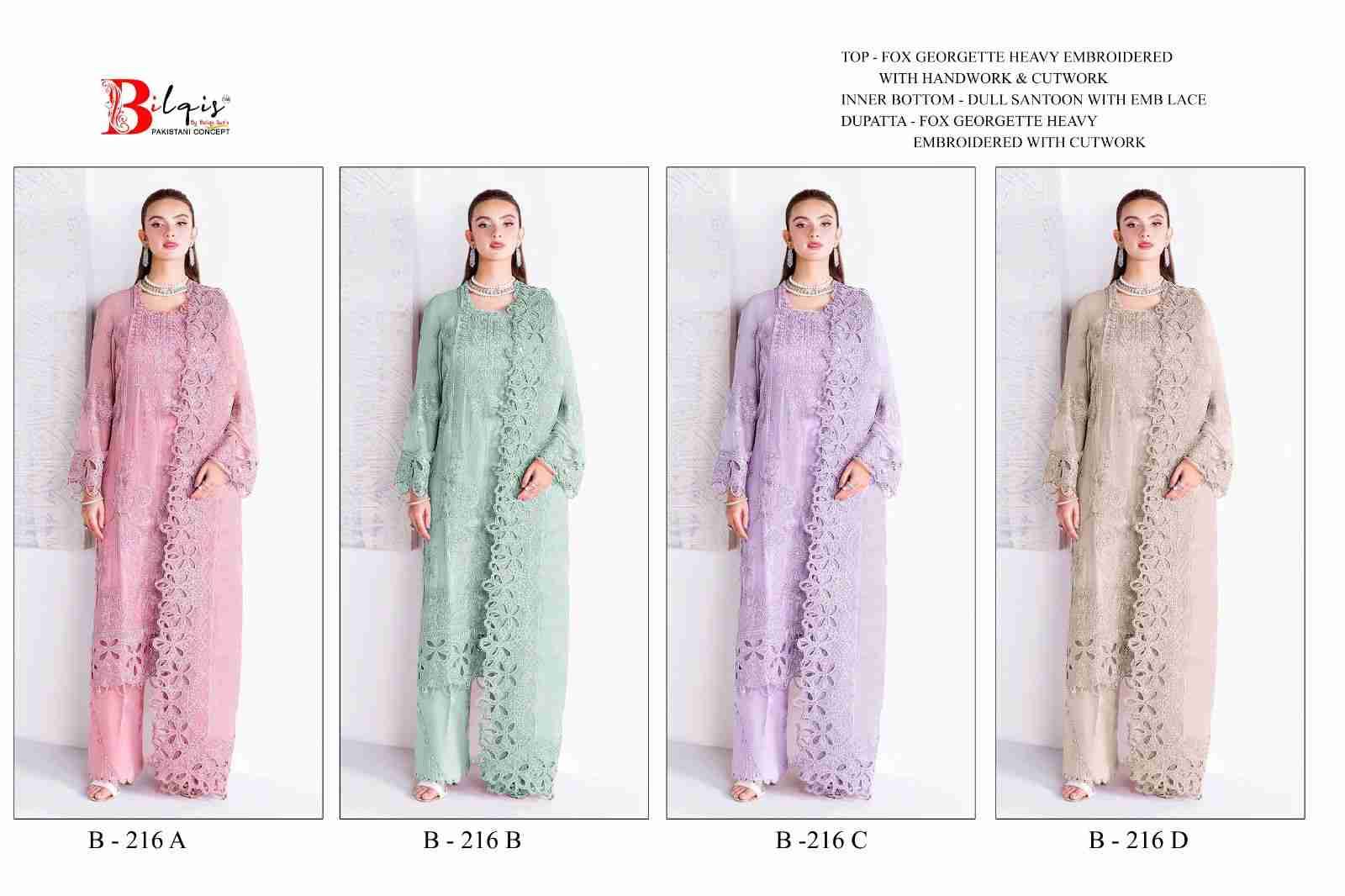 Bilqis 216 Colours By Bilqis 216-A To 216-D Series Beautiful Pakistani Suits Stylish Fancy Colorful Party Wear & Occasional Wear Faux Georgette Embroidery Dresses At Wholesale Price