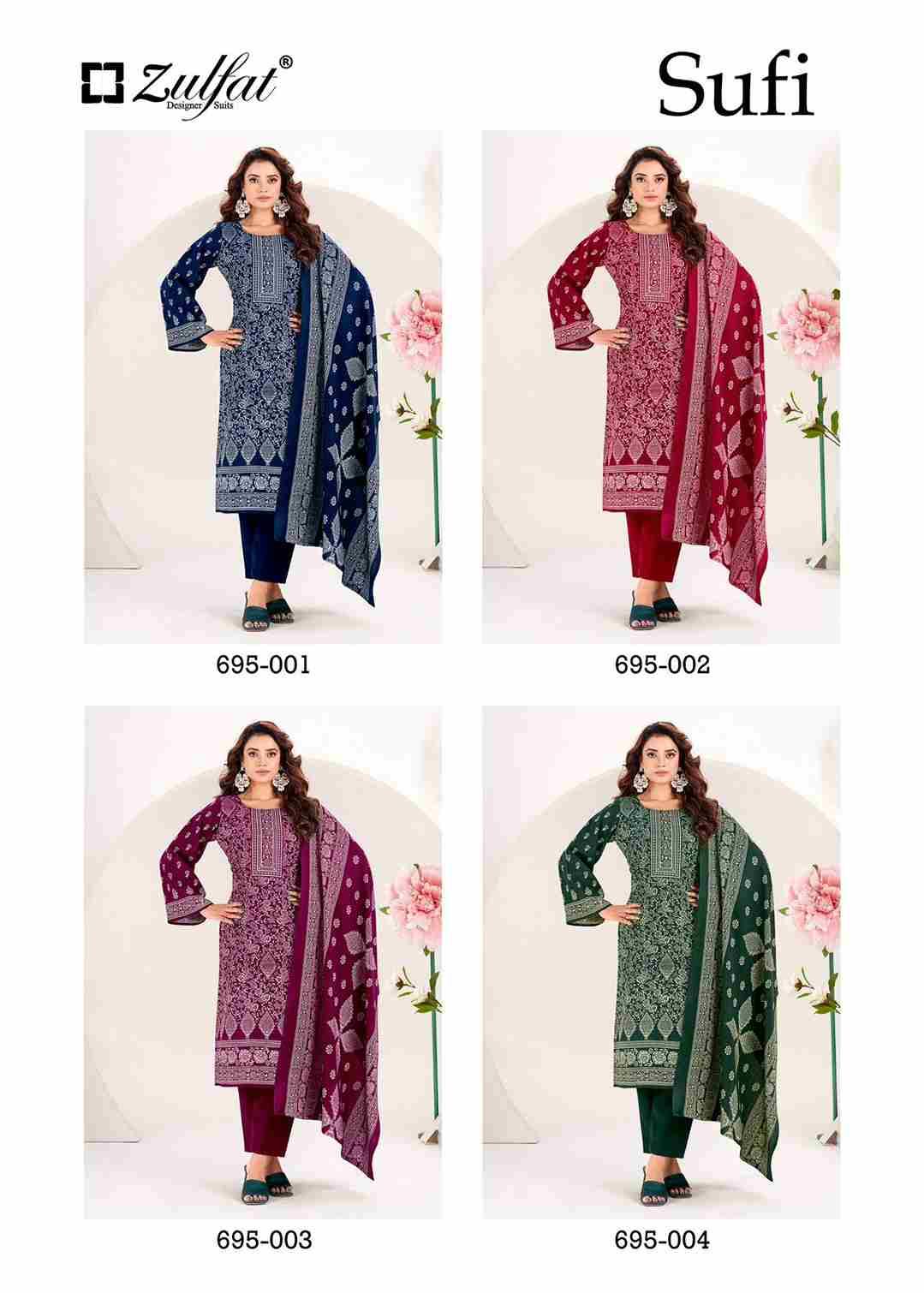 Sufi By Zulfat 695-001 To 695-004 Series Beautiful Festive Suits Stylish Fancy Colorful Casual Wear & Ethnic Wear Pure Pashmina Dresses At Wholesale Price