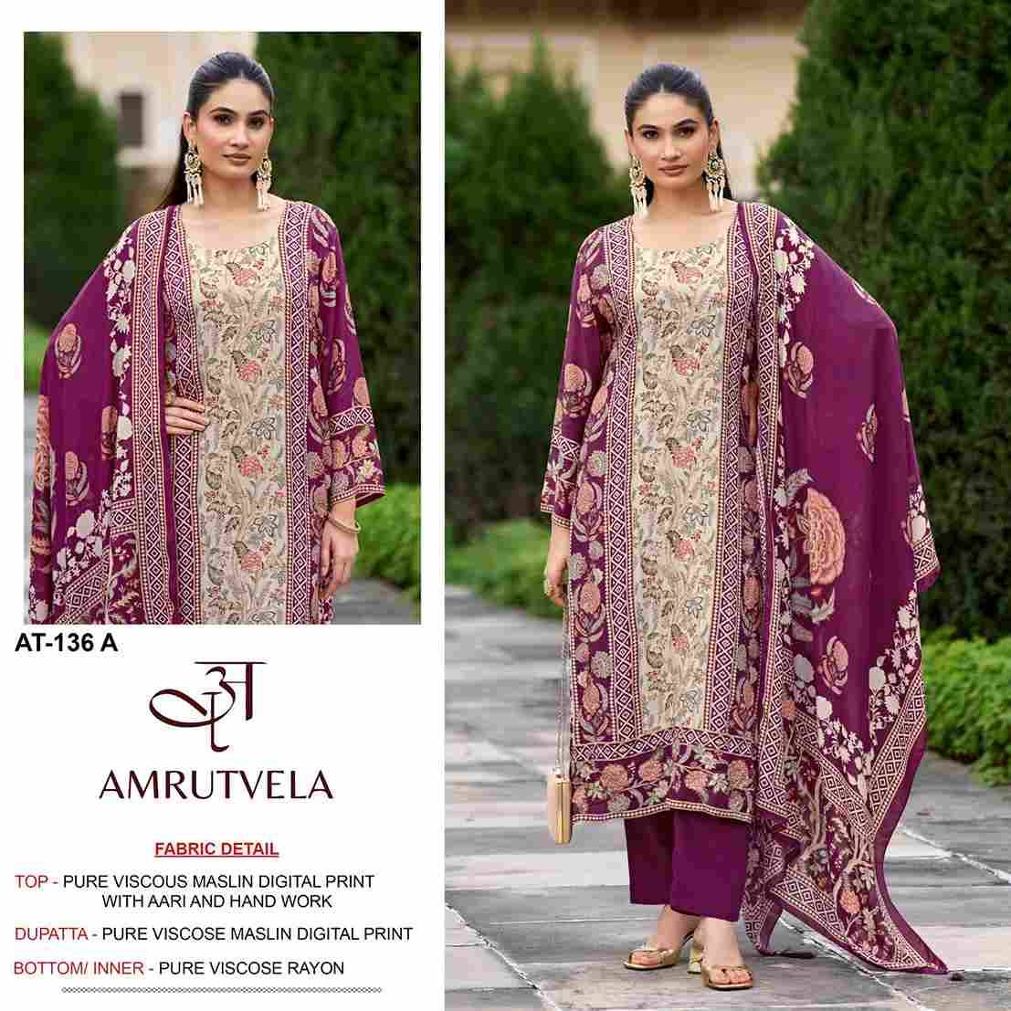 Amrutvela Hit Design AT-136 Colours By Amrutvela AT-136-A To AT-136-D Series Designer Pakistani Suits Collection Beautiful Stylish Fancy Colorful Party Wear & Occasional Wear Viscose Muslin Dresses At Wholesale Price