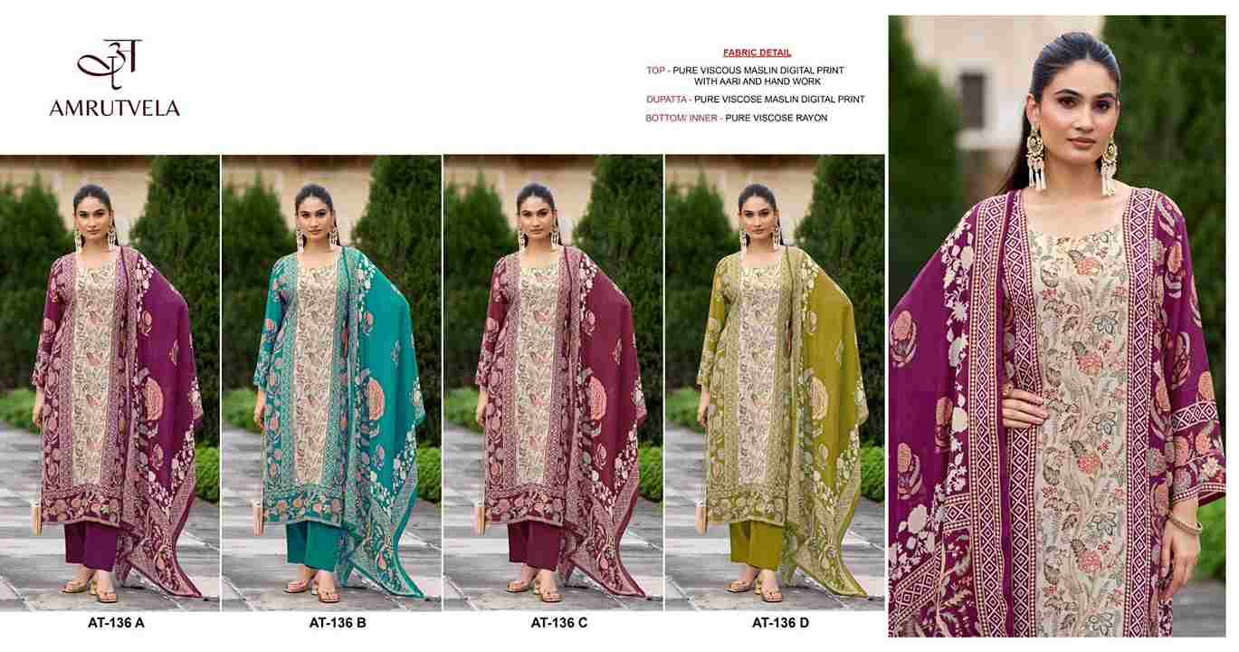 Amrutvela Hit Design AT-136 Colours By Amrutvela AT-136-A To AT-136-D Series Designer Pakistani Suits Collection Beautiful Stylish Fancy Colorful Party Wear & Occasional Wear Viscose Muslin Dresses At Wholesale Price