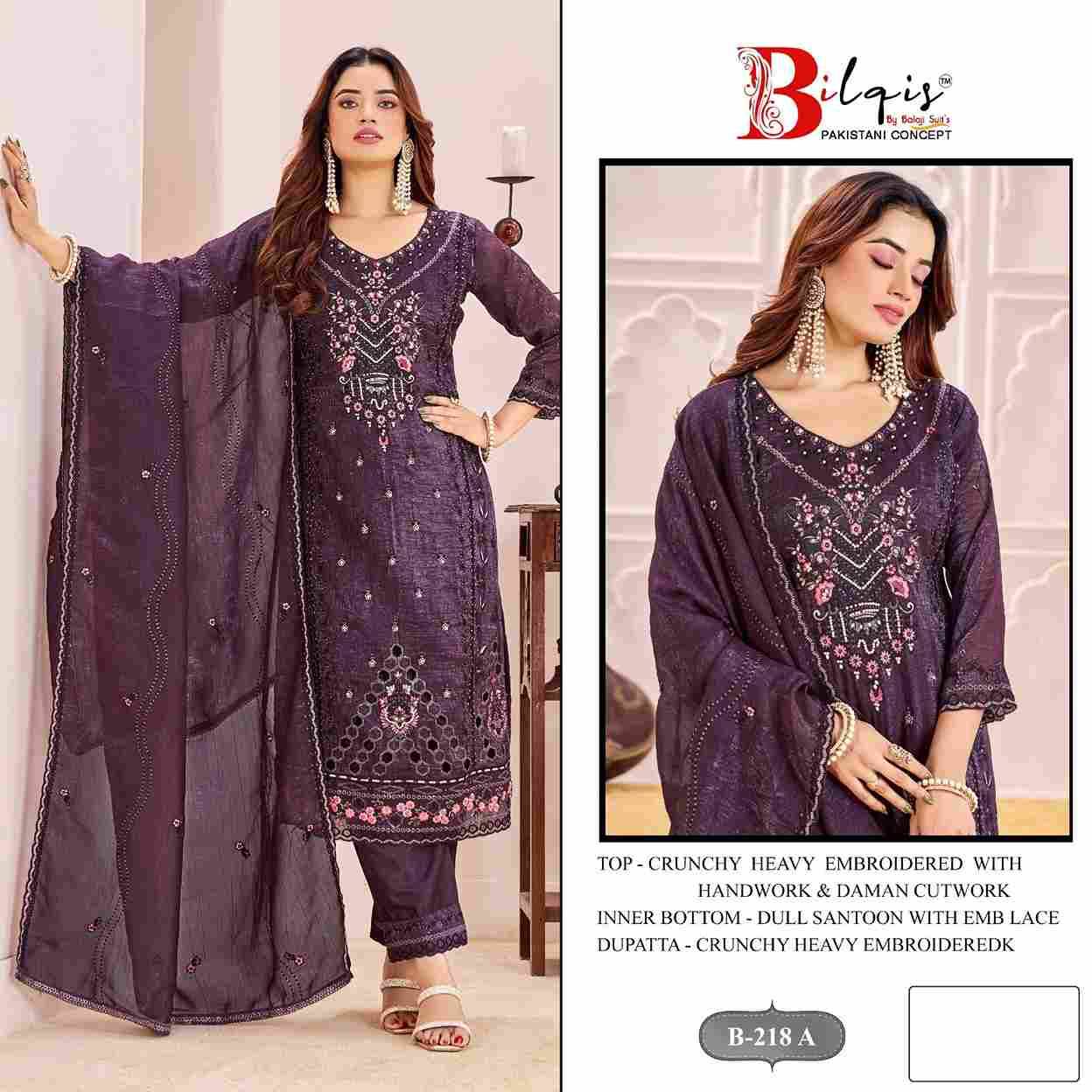 Bilqis 218 Colours By Bilqis 218-A To 218-D Series Beautiful Pakistani Suits Stylish Fancy Colorful Party Wear & Occasional Wear Crunchy Embroidery Dresses At Wholesale Price