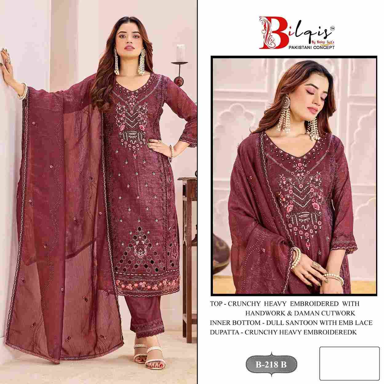 Bilqis 218 Colours By Bilqis 218-A To 218-D Series Beautiful Pakistani Suits Stylish Fancy Colorful Party Wear & Occasional Wear Crunchy Embroidery Dresses At Wholesale Price