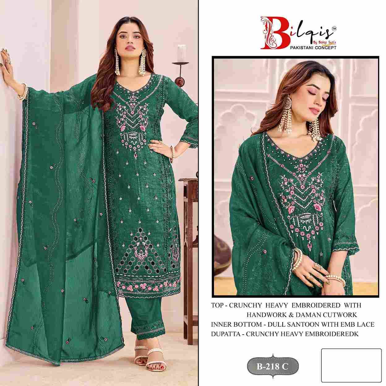 Bilqis 218 Colours By Bilqis 218-A To 218-D Series Beautiful Pakistani Suits Stylish Fancy Colorful Party Wear & Occasional Wear Crunchy Embroidery Dresses At Wholesale Price